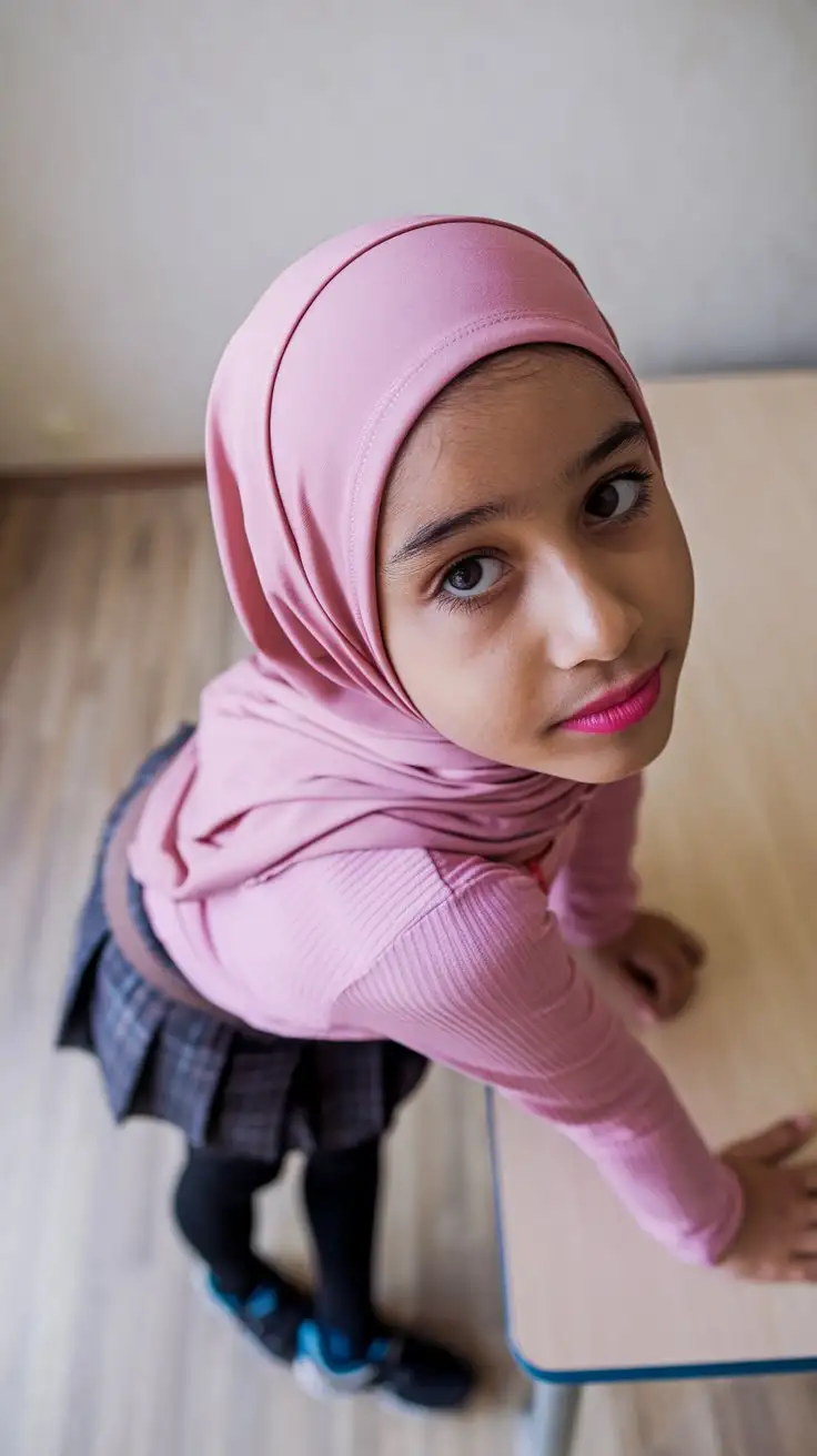 14YearOld-Girl-in-Pink-Outfit-with-Hijab-Leaning-on-Table-in-Simple-Room