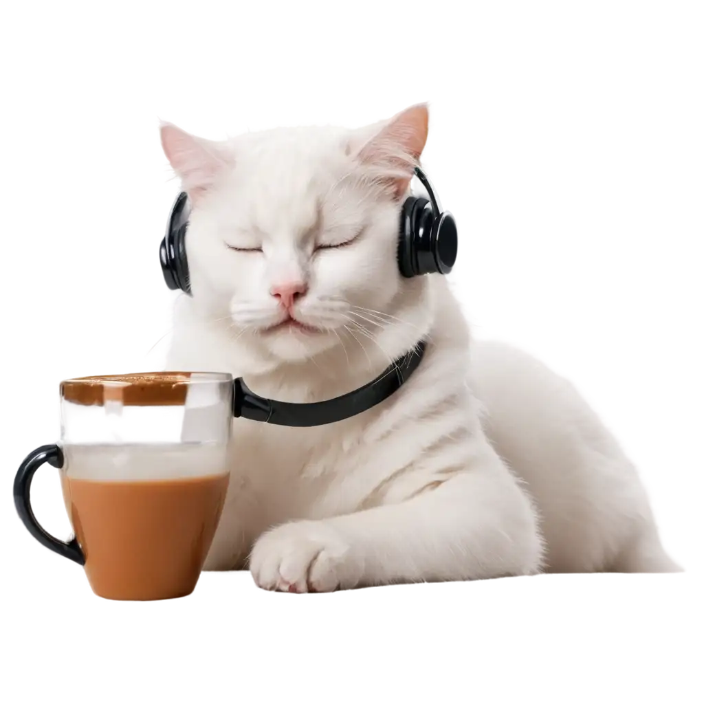 sleepy white cat wearing a headset while drinking coffee