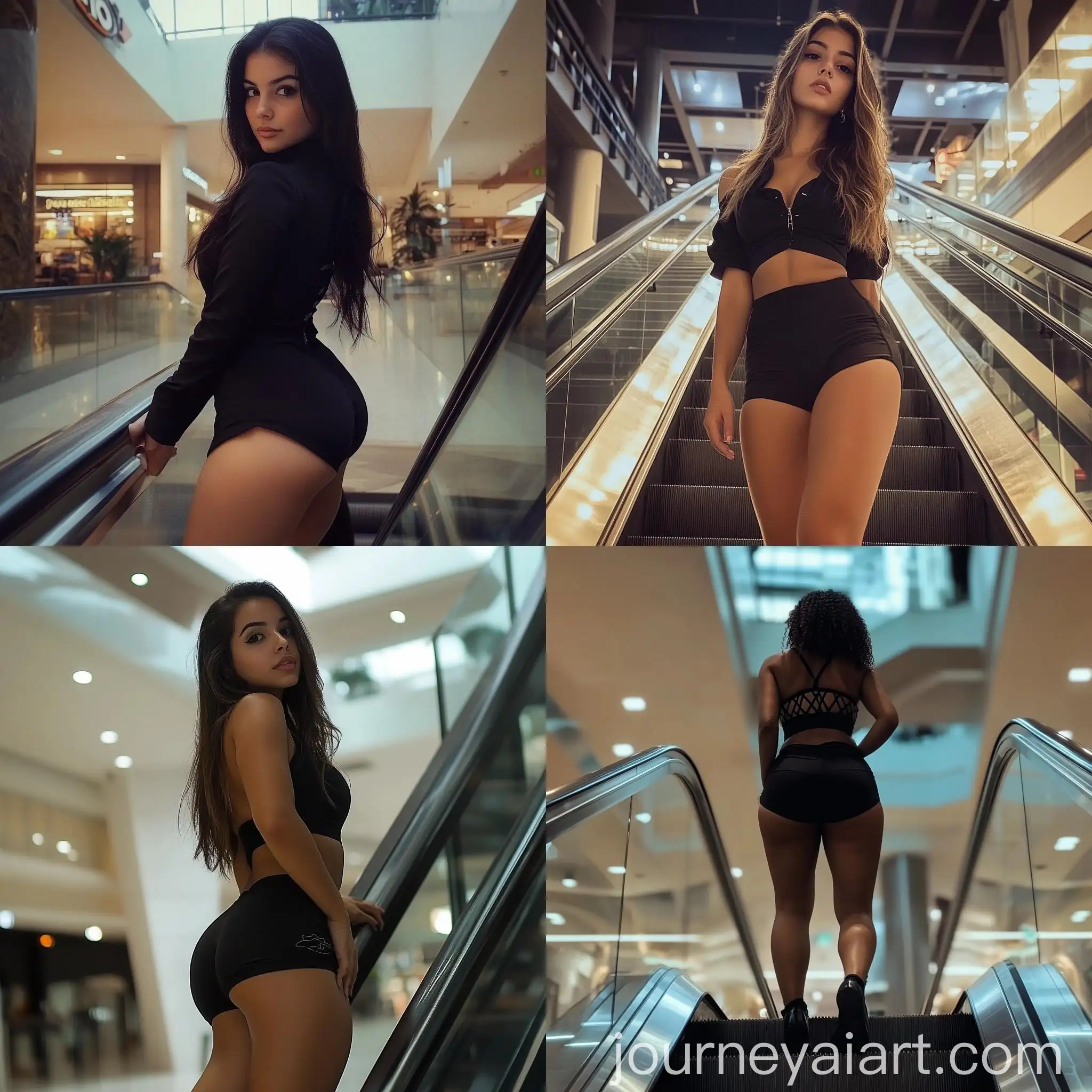 Brazilian-Woman-in-Black-School-Uniform-Climbing-a-Shopping-Mall-Escalator