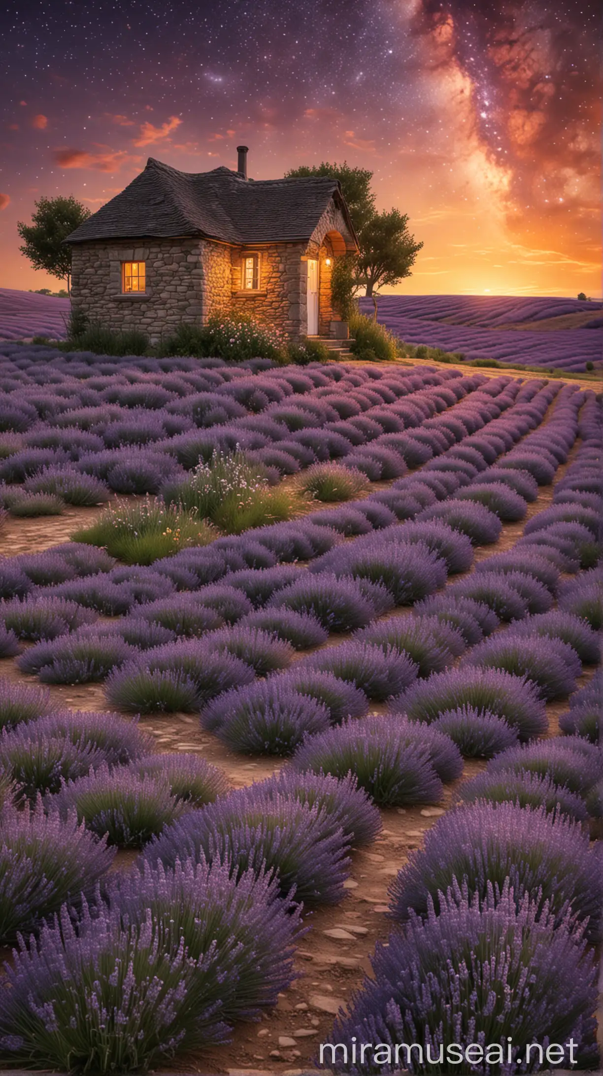 A serene countryside scene with a small stone cottage illuminated by a soft warm light, surrounded by a vast lavender field. The rows of lavender lead towards the horizon, glowing faintly under the vibrant colors of sunset. Above, the breathtaking Milky Way stretches across the night sky, filled with countless stars and cosmic hues of purple, orange, and white. A lone tree stands next to the cottage, completing this tranquil and magical rural landscape, very realistic,  masterpiece