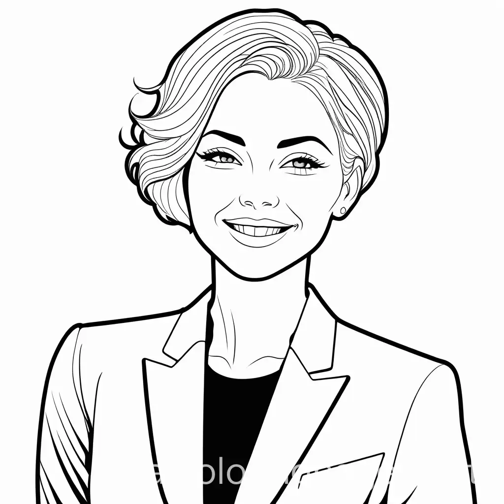Lady with short hair, wearing a black suit jacket and black dress pants; smiling, Coloring Page, black and white, line art, white background, Simplicity, Ample White Space.