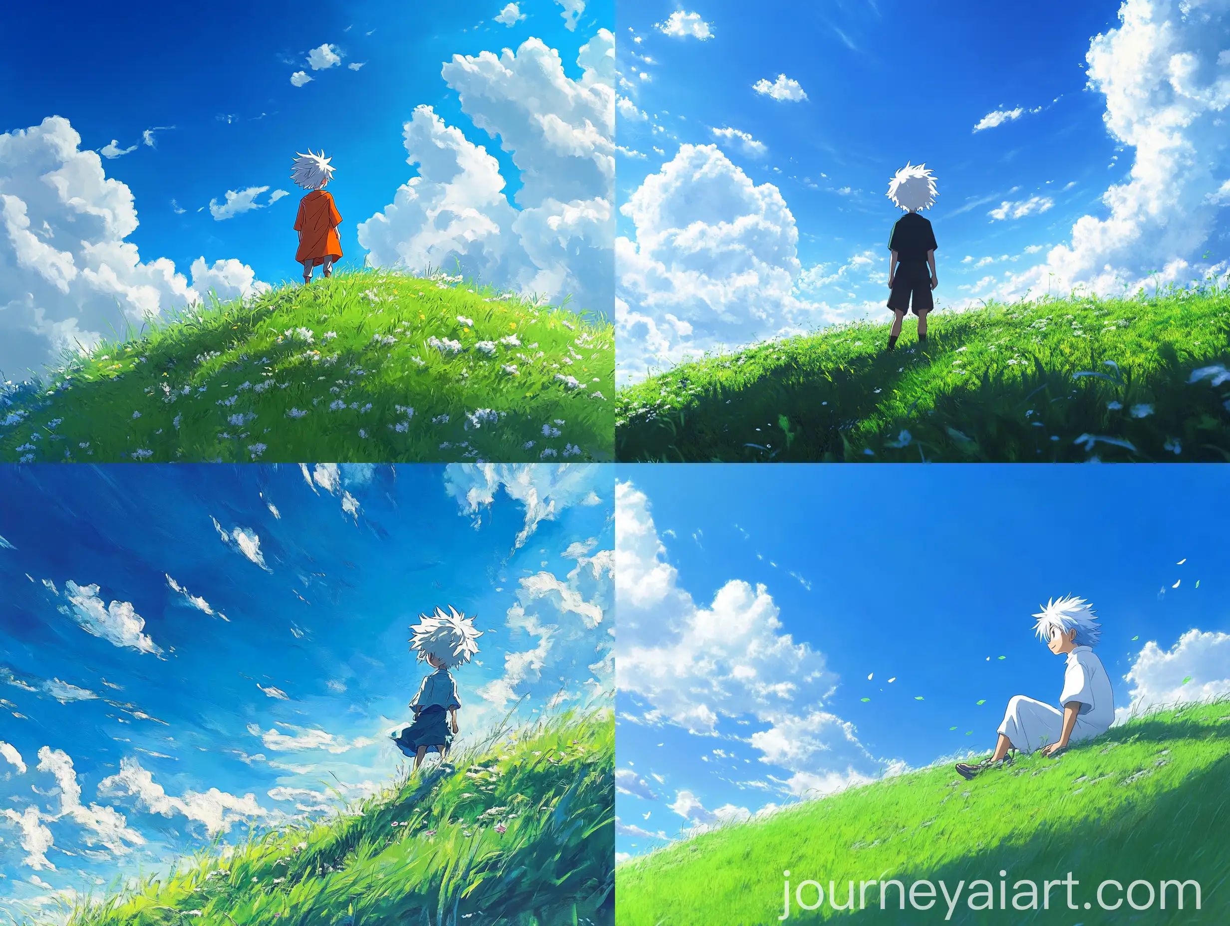 Killua-Anime-Character-in-Studio-Ghibli-Style-on-Grassy-Hill-and-Blue-Sky