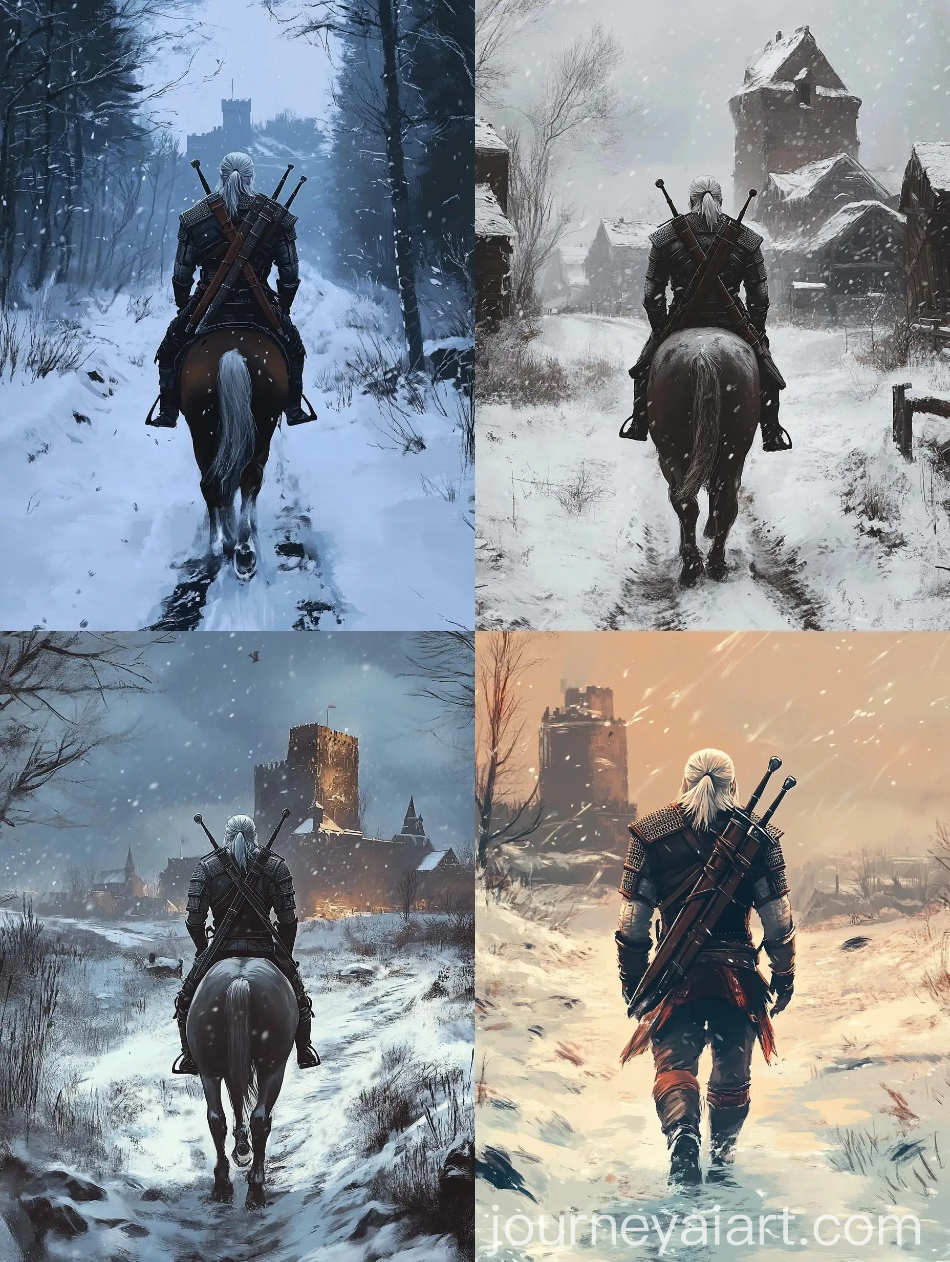 Geralt-of-Rivia-on-Horseback-in-Winter-Landscape-with-Witcher-Wolf-School-Swords