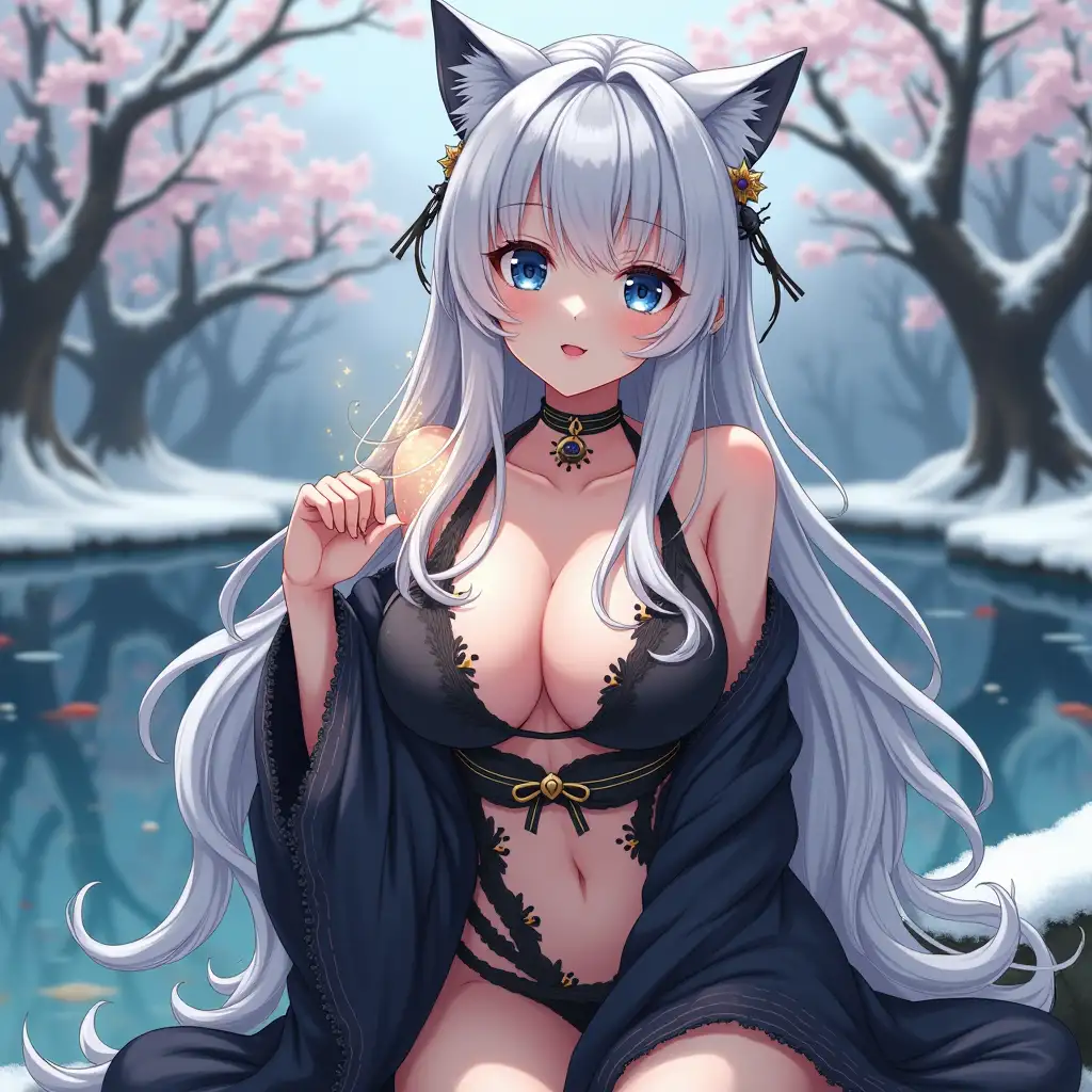 Anime mature adult woman with an hourglass body who looks like she is in her 30's with big breast, extreme cleavage, blue eyes, black and gold earrings, a choker around her neck, long white hair and white cat ears on her head. She is in a extremely revealing Miko outfit in the spring time sitting by a koi fish pond. The background is snowing with Japanese trees blowing in the wind. She light up small laterns for the event tonight.