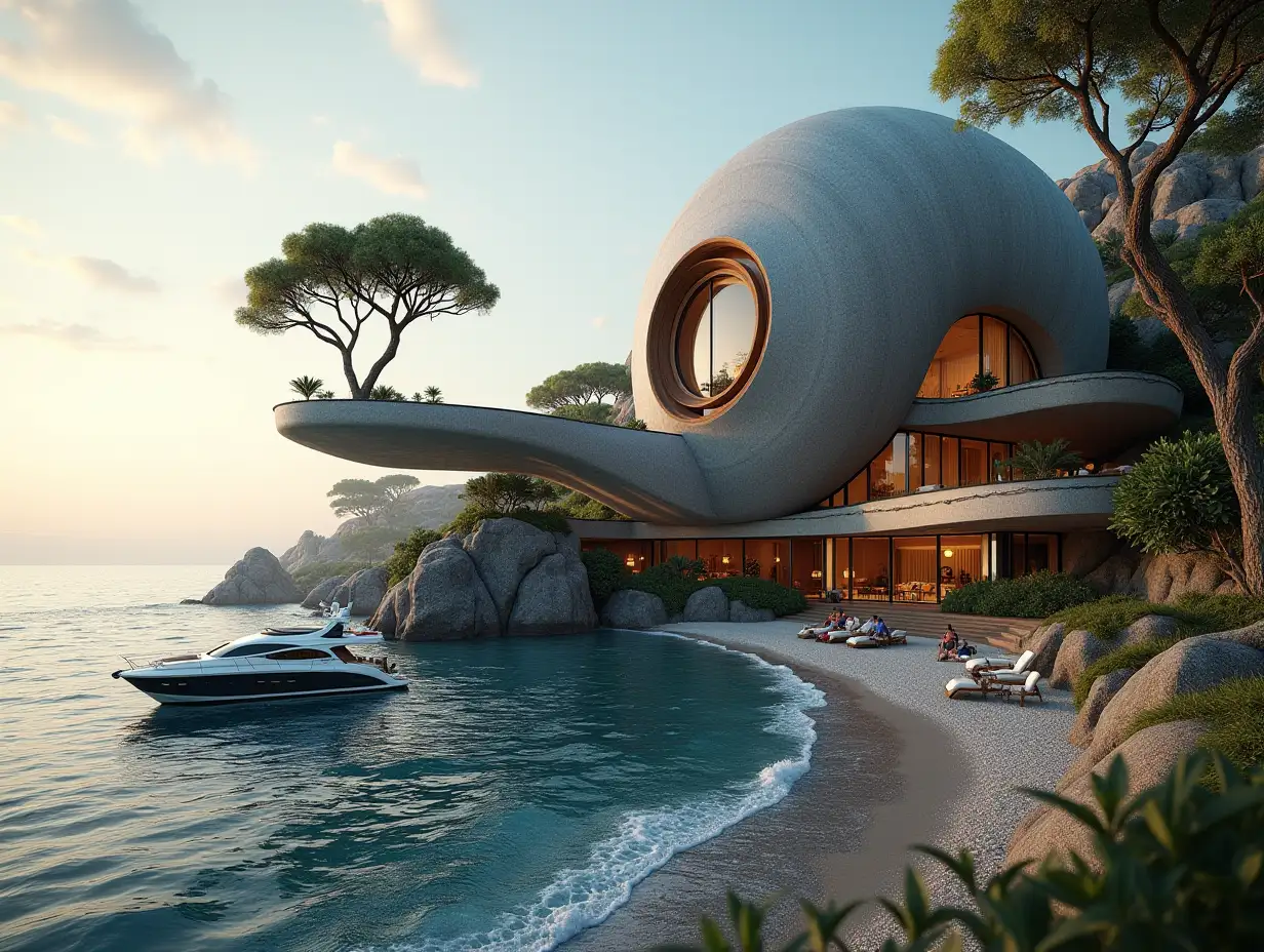 Create a high-resolution, realistic panorama image of a futuristic terrace building with a snail house window bridge, a yacht and a small beach with people, many plants and grey and brown facades with sea with waves, big trees, eight o'clock in the evening