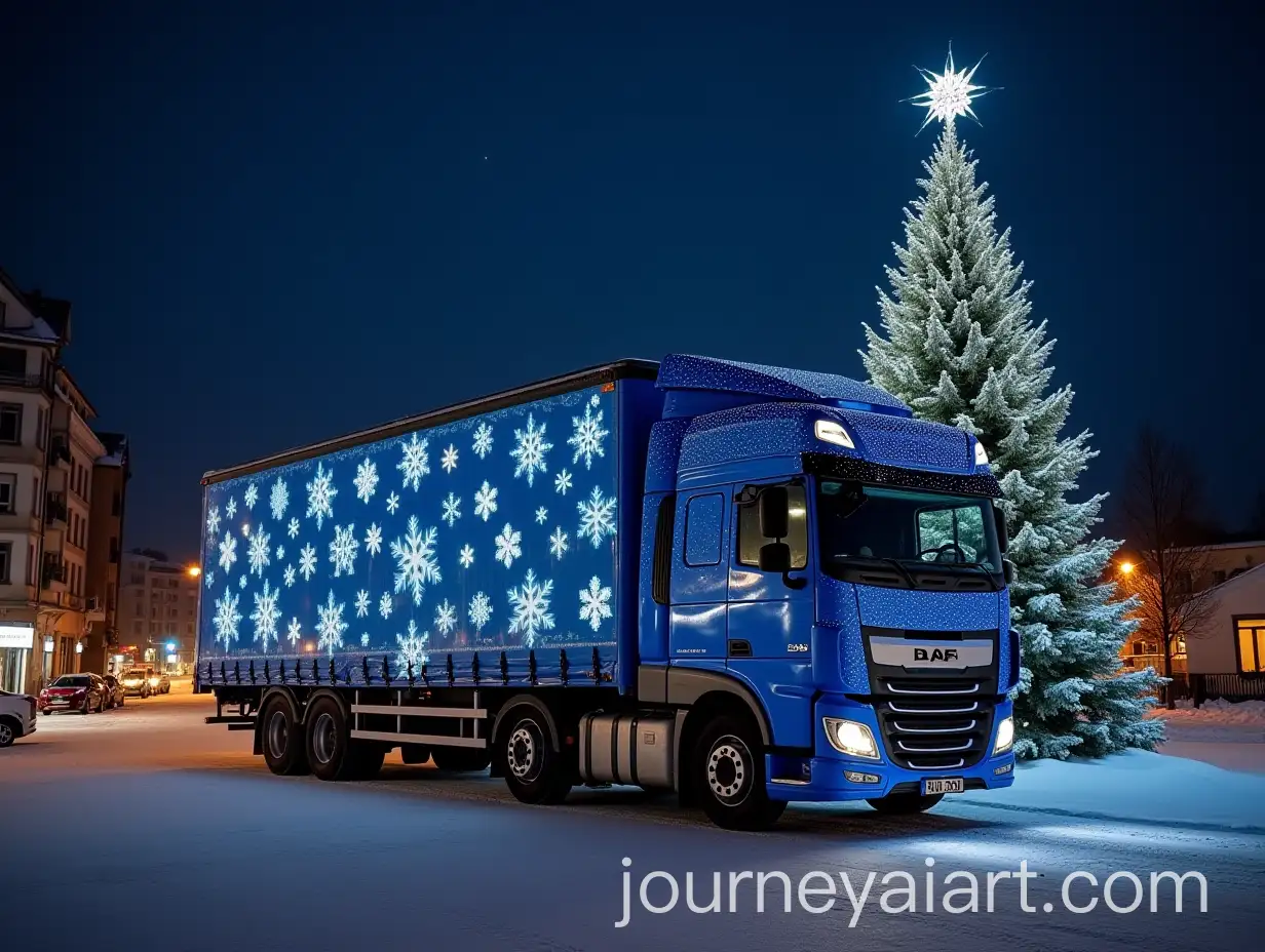 Blue-Cargo-Truck-with-Christmas-Tree-and-Snowflakes-at-Night