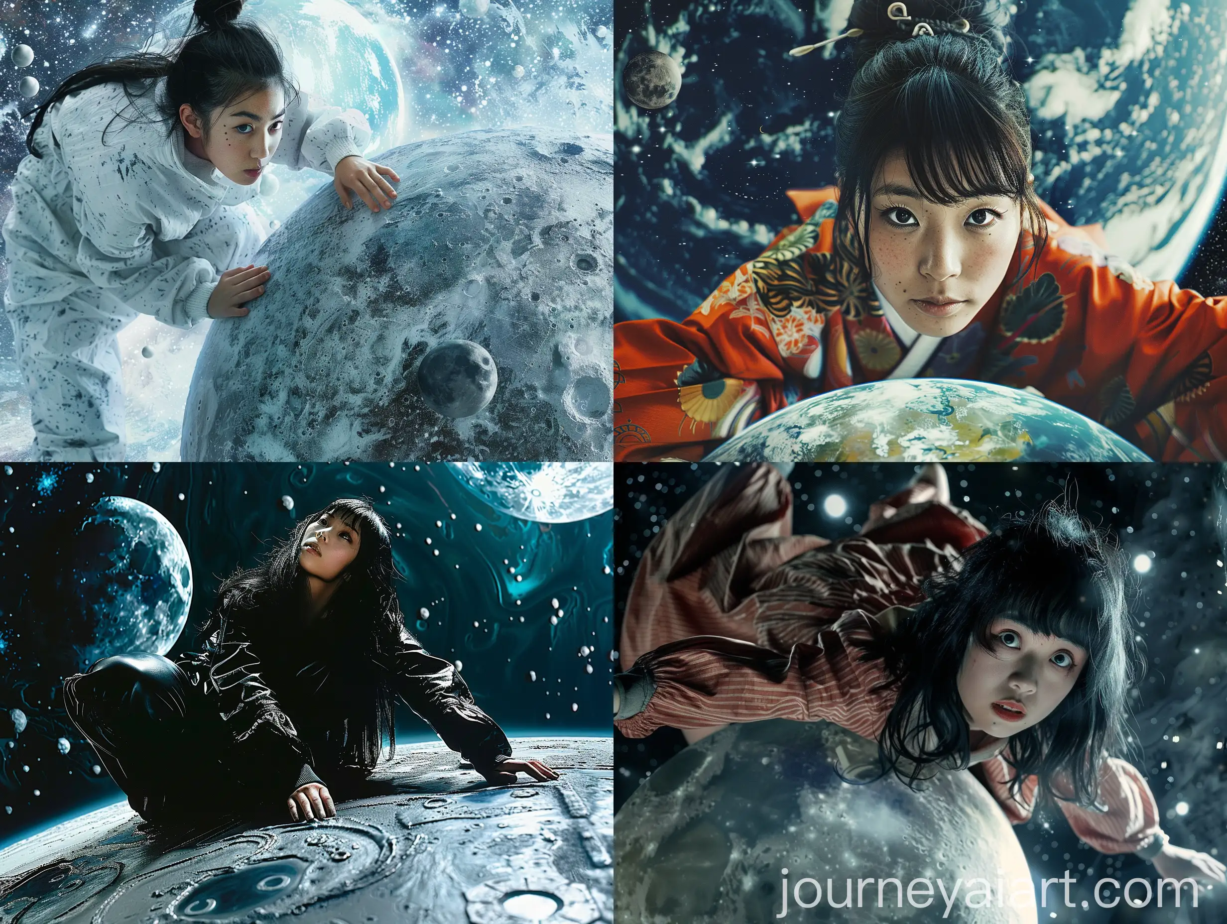 Colossal-Scale-Japanese-Woman-Floating-in-Space-with-Earth-and-Moon
