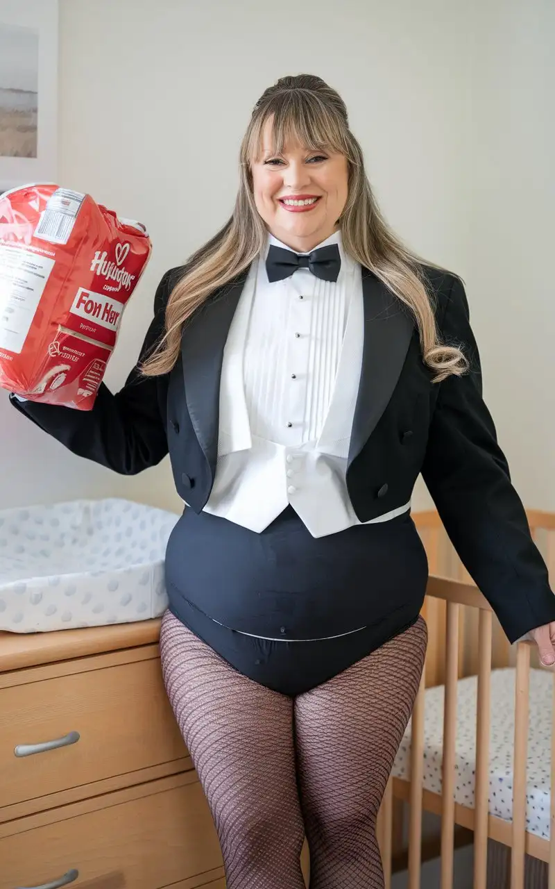 MiddleAged-Caucasian-Woman-in-Formal-Tuxedo-Holding-Huggies-Diapers-in-Nursery