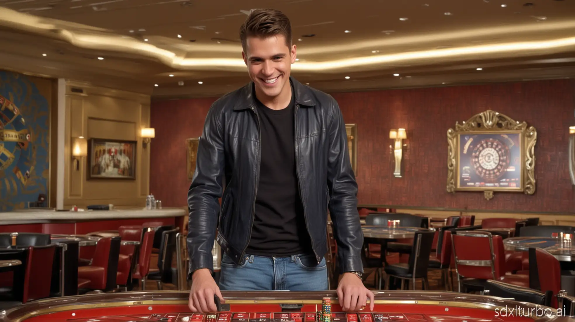 A slim man (cleanly shaved) of about 70 in jeans and a dark blue polo shirt with a black short-sleeved leather jacket over it stands at a roulette table and, smiling. The man now stands next to a roulette table. Happily he reaches into his trouser pockets with his hands and pulls the empty pockets outwards, thereby highlighting his financial distress.
