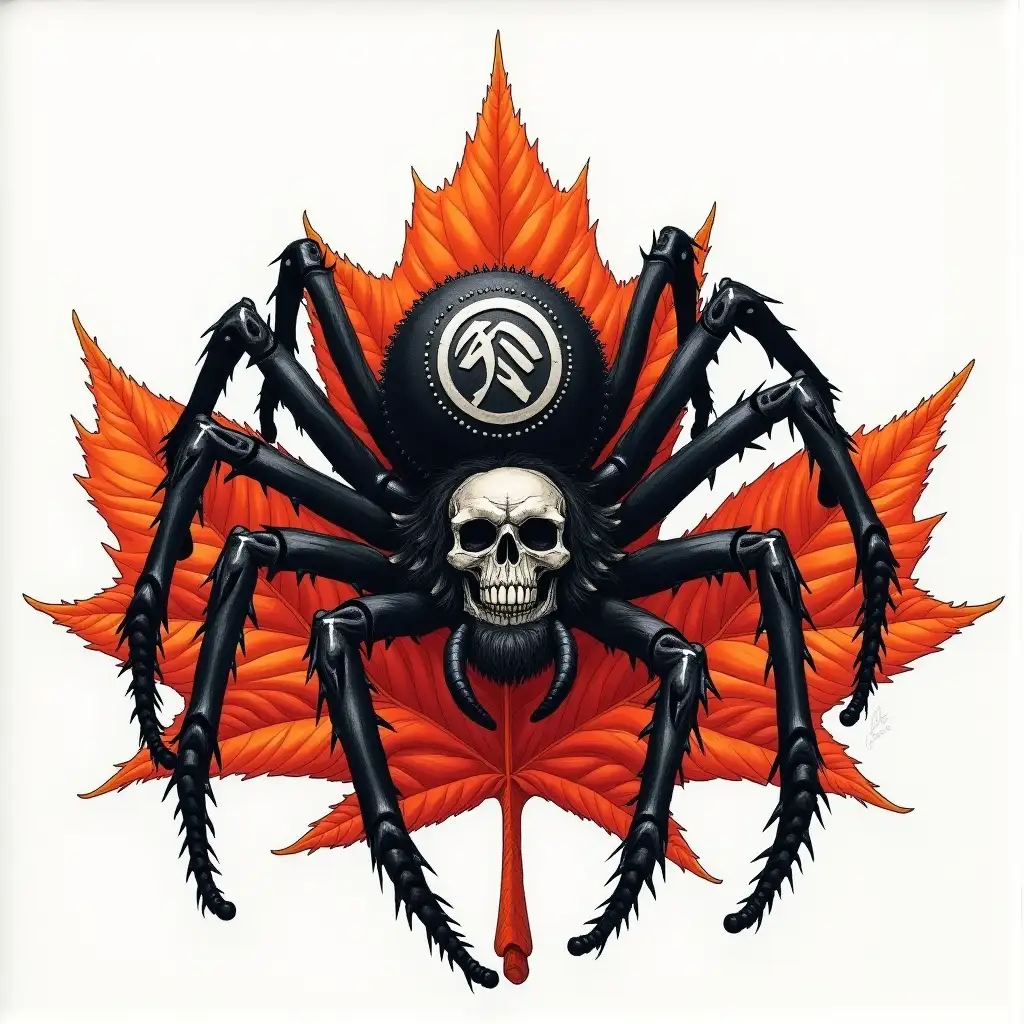 a picture of a grinning black spider with a human skull symbol on his back sitting on a maple leaf, drawing in style of Judge Dredd comics