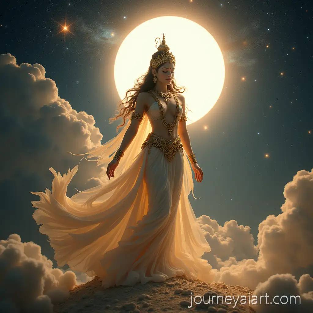 Goddess-Lakshmi-Surrounded-by-Cosmic-Beauty-Near-a-Luminous-White-Sphere