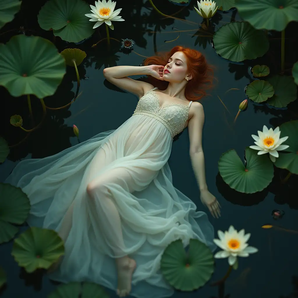 Young-Woman-Floating-in-Pond-Surrounded-by-Lilies-and-Water-Plants
