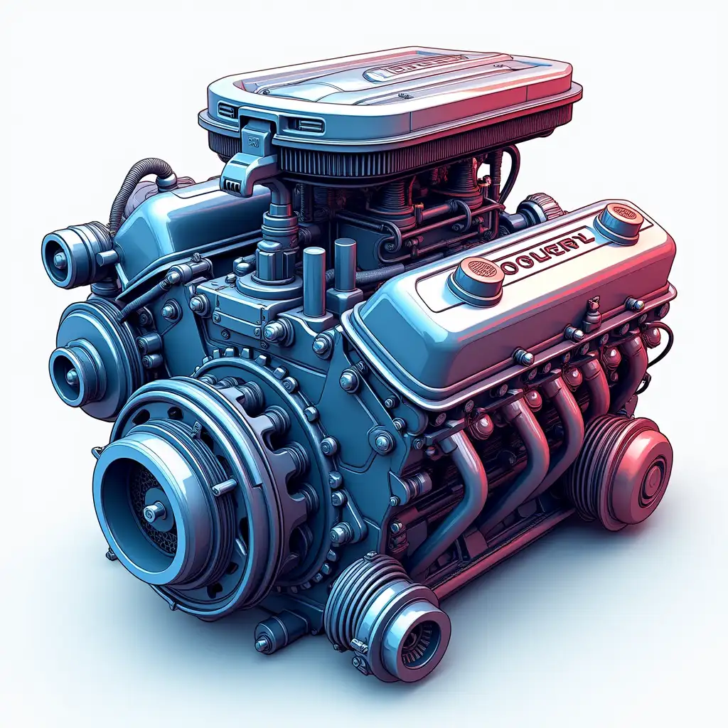 Sel-shading picture. A car engine must be depicted. In blue red and white colors