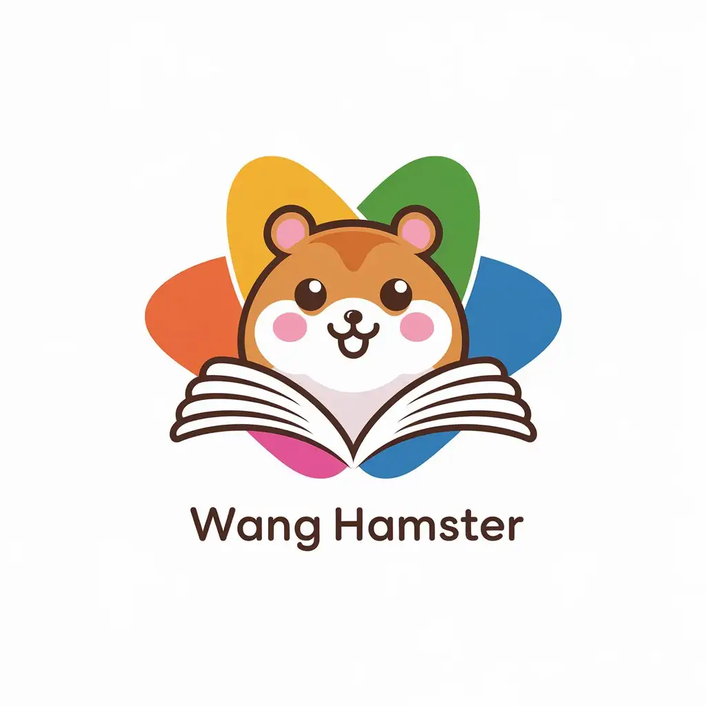 a vector logo design,with the text "WANG HAMSTER", main symbol:A cute smiling hamster, flat icon, colorful. A book is under the hamster. Colorful background.,Minimalistic,be used in Education industry,clear background