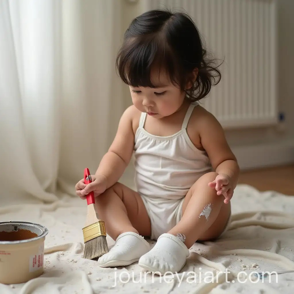 1YearOld-Latina-Girl-Painting-Room-with-Brush-and-Slipper-in-Hand
