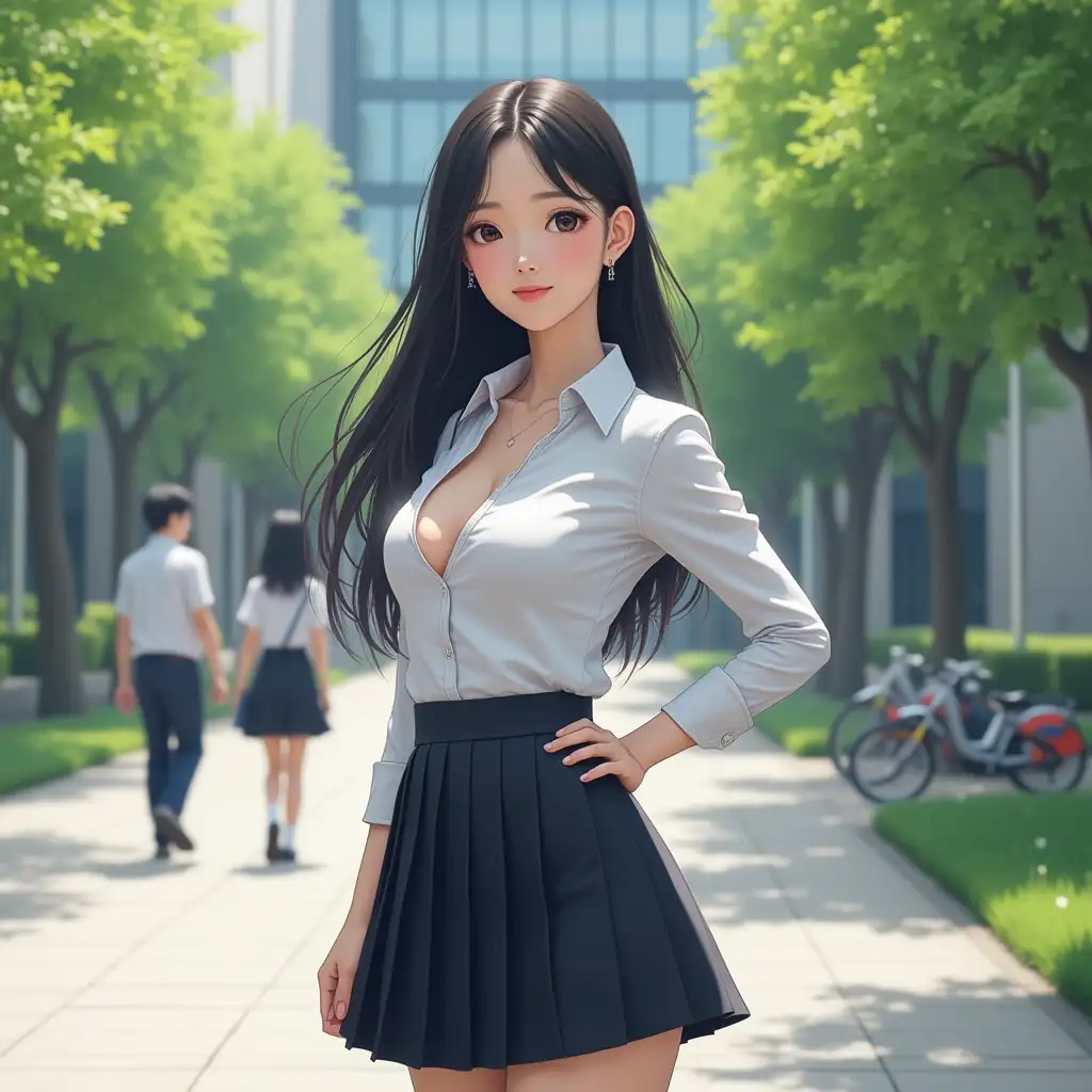 A stunning 19-year-old Japanese girl with radiant, flawless skin and long, silky black hair gently flowing in the breeze. Her deep, expressive eyes reflect the sunlight, adding a natural sparkle. She’s wearing a fitted school uniform: a crisp white blouse slightly unbuttoned at the top, offering a subtle view of her ample cleavage, and a dark pleated skirt that perfectly accentuates her slim waist and toned legs. Her posture is elegant yet confidently alluring, with one hand resting casually on her hip. In the background, a bustling university campus is alive with activity—students walking in pairs, bicycles lined up along the pathway, and a modern academic building with large windows and clean architectural lines. The scene is framed by manicured gardens, with bright green trees swaying in the breeze.