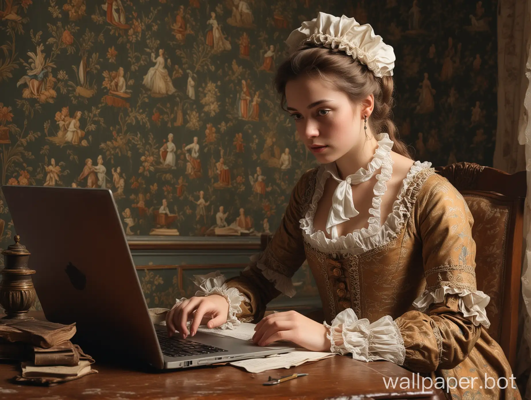 Generate wallpaper with 18th century atmosphere and a girl with 18th century outfit who is coding behind laptop and is working