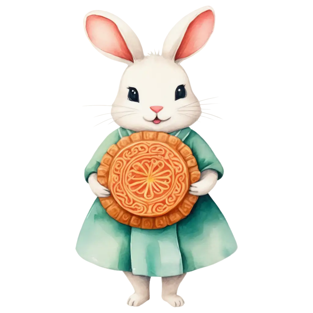 A cute rabbit holding an extra large mooncake, watercolor style