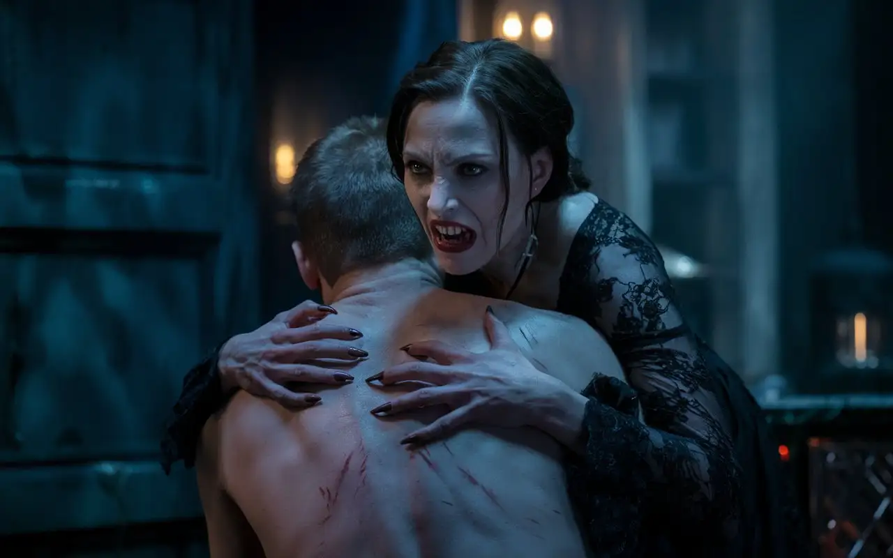 Intense-Vampire-Woman-Embracing-Man-in-Dark-Gothic-Setting