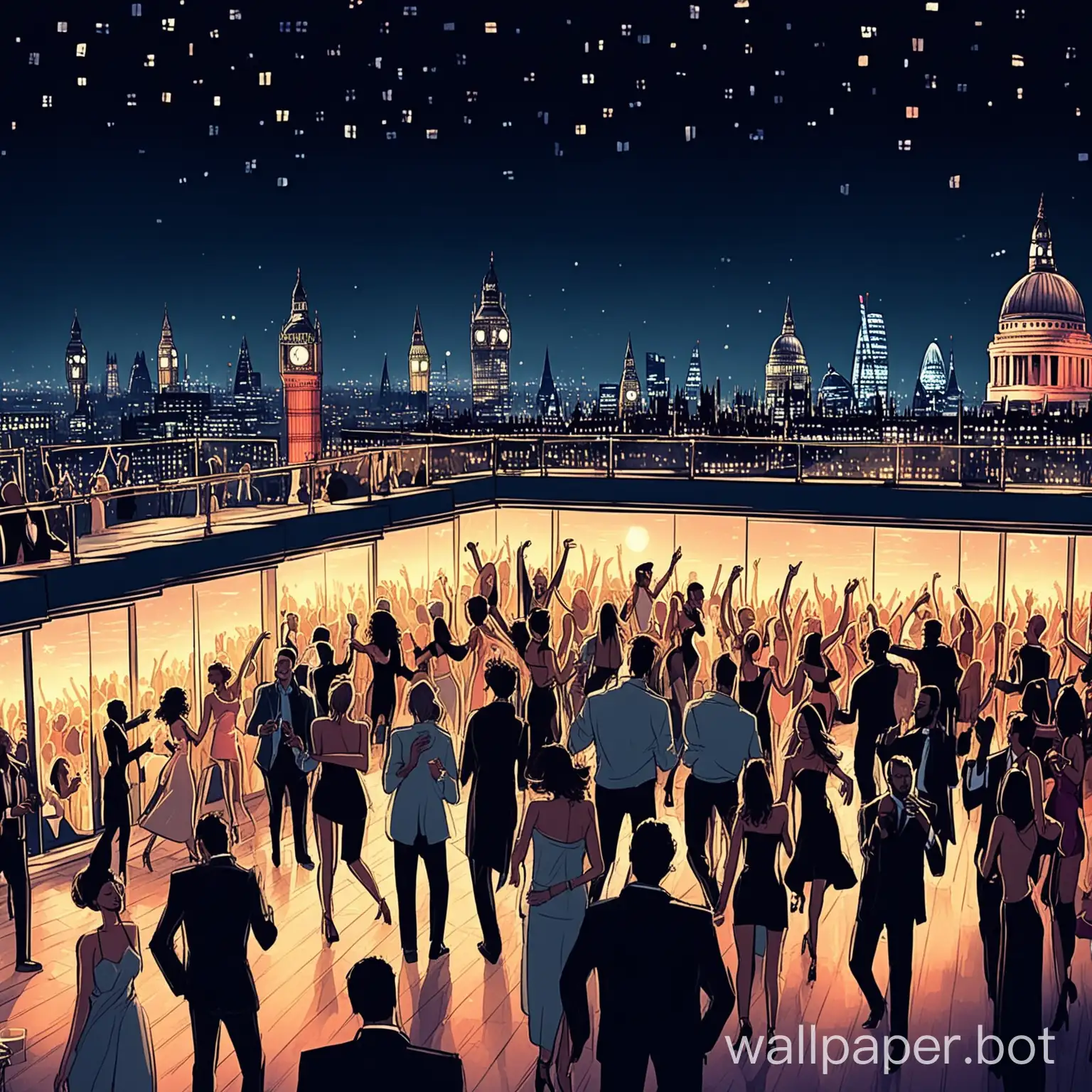 Background image of a roof top busy party in Central London overlooking the London Skyline. The vibe should be sexy 20 to 30 year old women and men dancing to cool House Music late at night in casual designer clothes. It should busy with lots of people dancing - illustration 