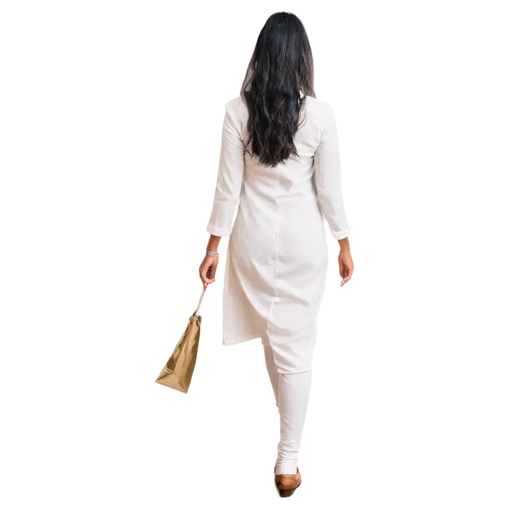 back of a girl walking into an office room wearing white churidar