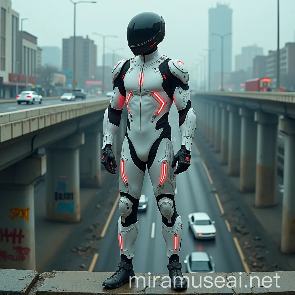 Cyberpunk Urban Explorer in Illuminated Suit on Collapsed Freeway Overpass