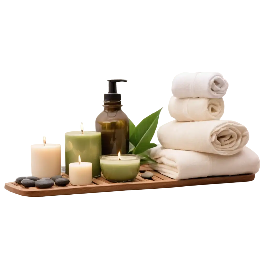 Create a serene and calming image for a spa salon specializing in massage. The color palette should feature soft tones like beige, light green, cream, and white. Include elements such as aromatic candles, essential oils, towels, and flowers. The composition should be tranquil and inviting, without any people or bright colors