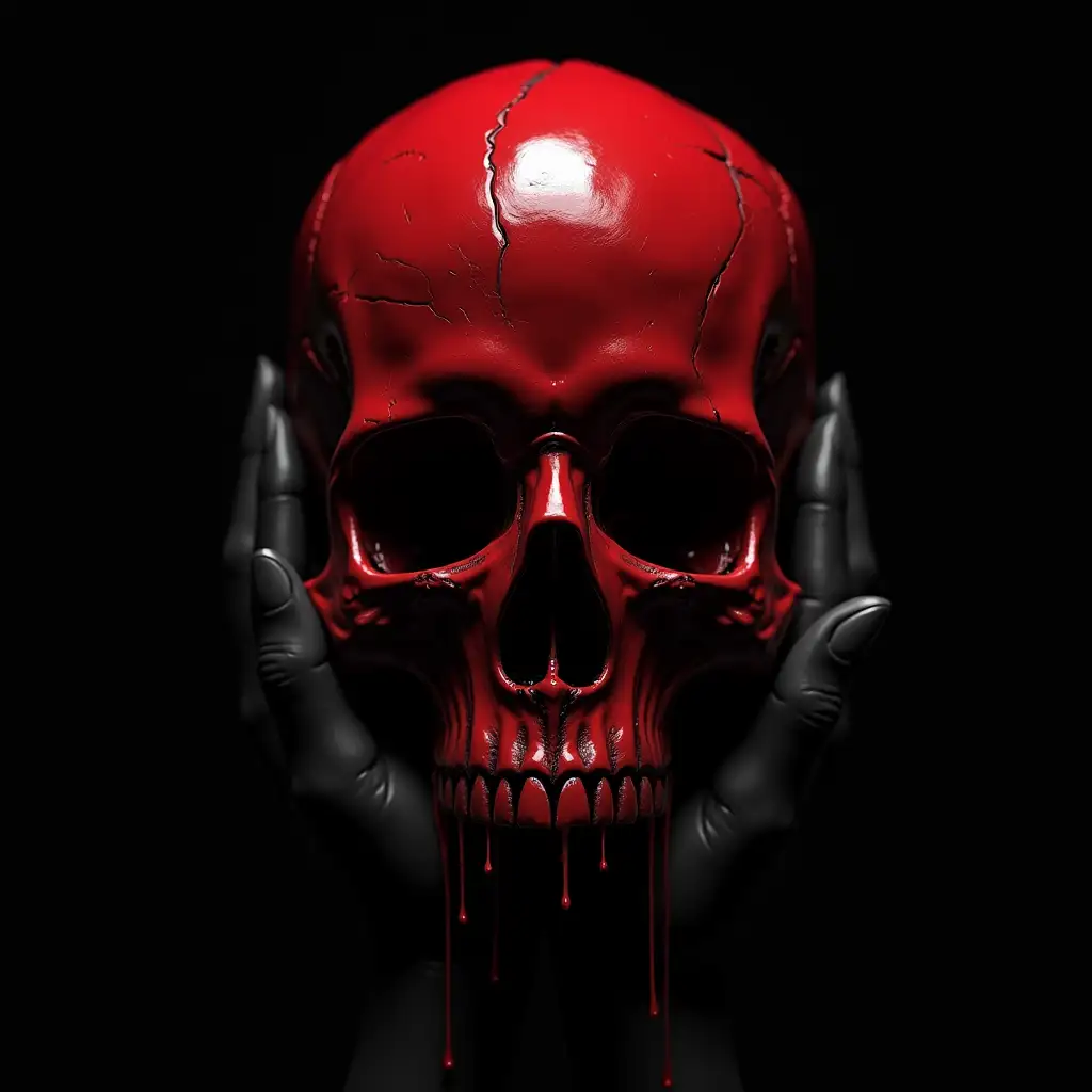 Hyperrealistic blood-red skull, dripping blood, black hands grasping skull, dark gothic aesthetic, high contrast, glossy texture, intricate details, dramatic lighting, black background, horror theme, digital art, 3D rendering, ultra-high resolution, cinematic, ominous atmosphere, macabre, visceral, hyper-detailed