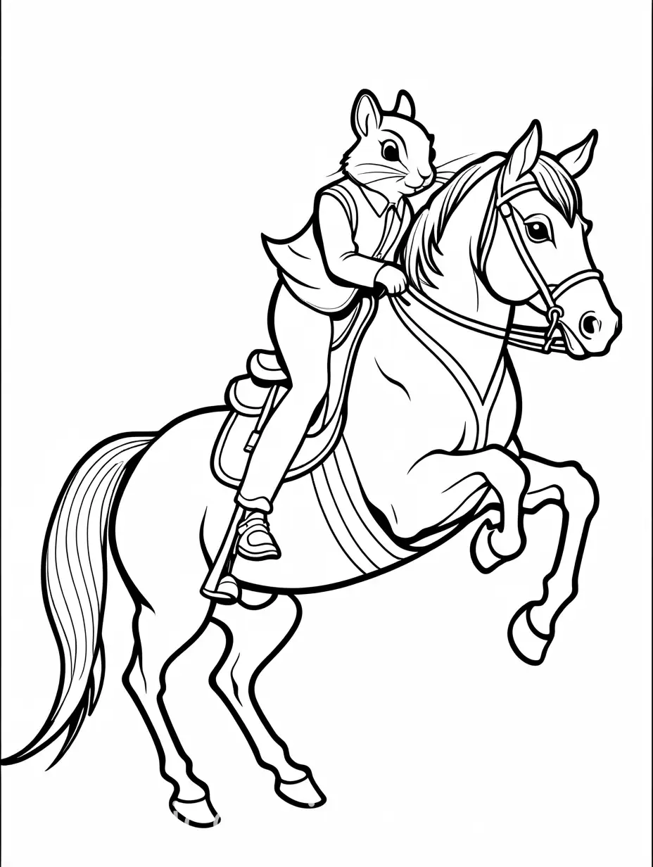 chipmunk riding a horse, Coloring Page, black and white, line art, white background, Simplicity, Ample White Space. The background of the coloring page is plain white to make it easy for young children to color within the lines. The outlines of all the subjects are easy to distinguish, making it simple for kids to color without too much difficulty
