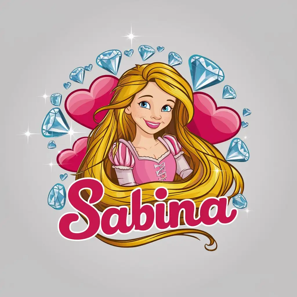 a vector logo design,with the text "Sabina", main symbol:Rapunzel with long golden hair, surrounded by sparkling hearts and diamonds, with a sweet smile on her face,complex,clear background