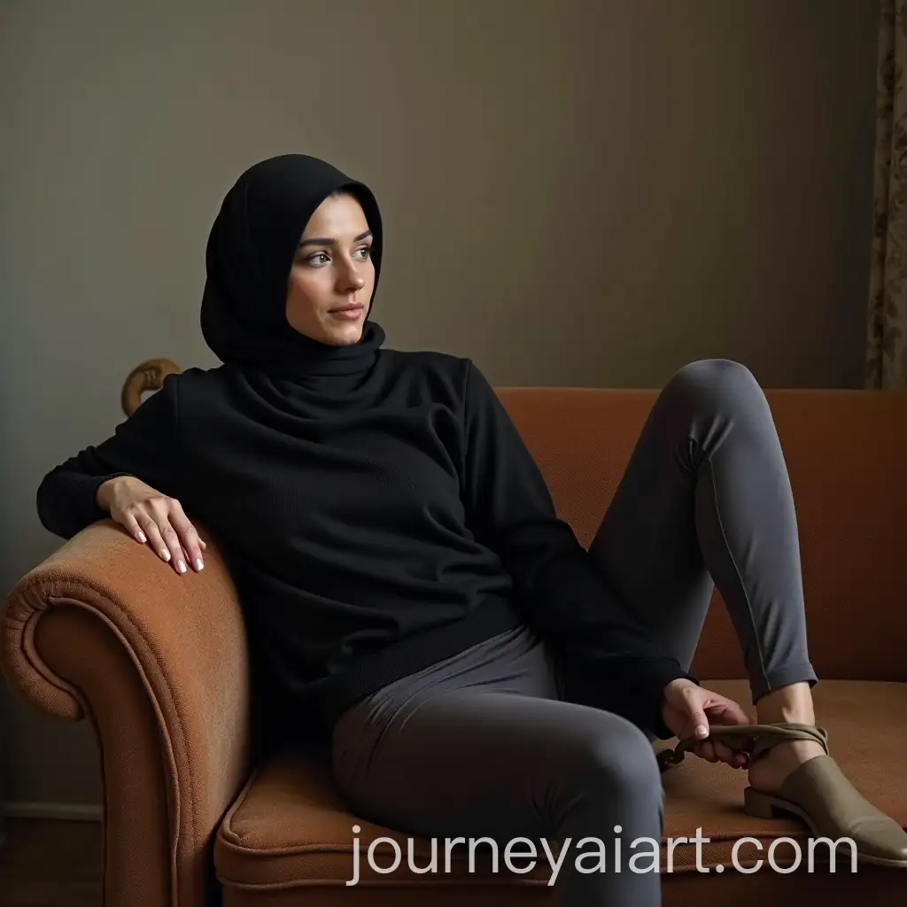 Woman-in-Tight-Tights-and-Hijab-Sitting-on-Sofa-in-Cozy-Living-Room