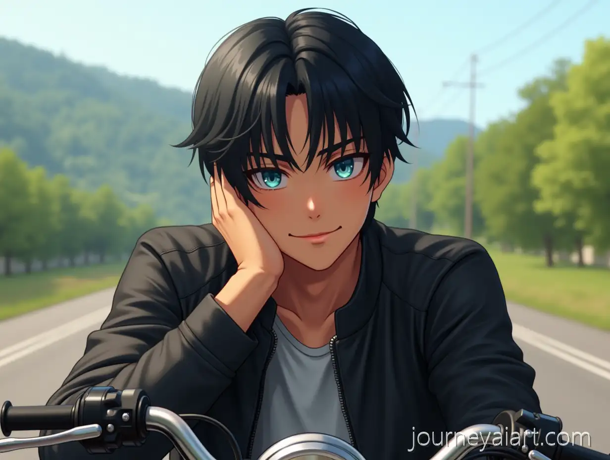 CaucasianAI-Image-Prompt-Expansion-Male-with-Cunning-Eyes-Leaning-on-Motorcycle-in-Sunny-Roadside-Setting