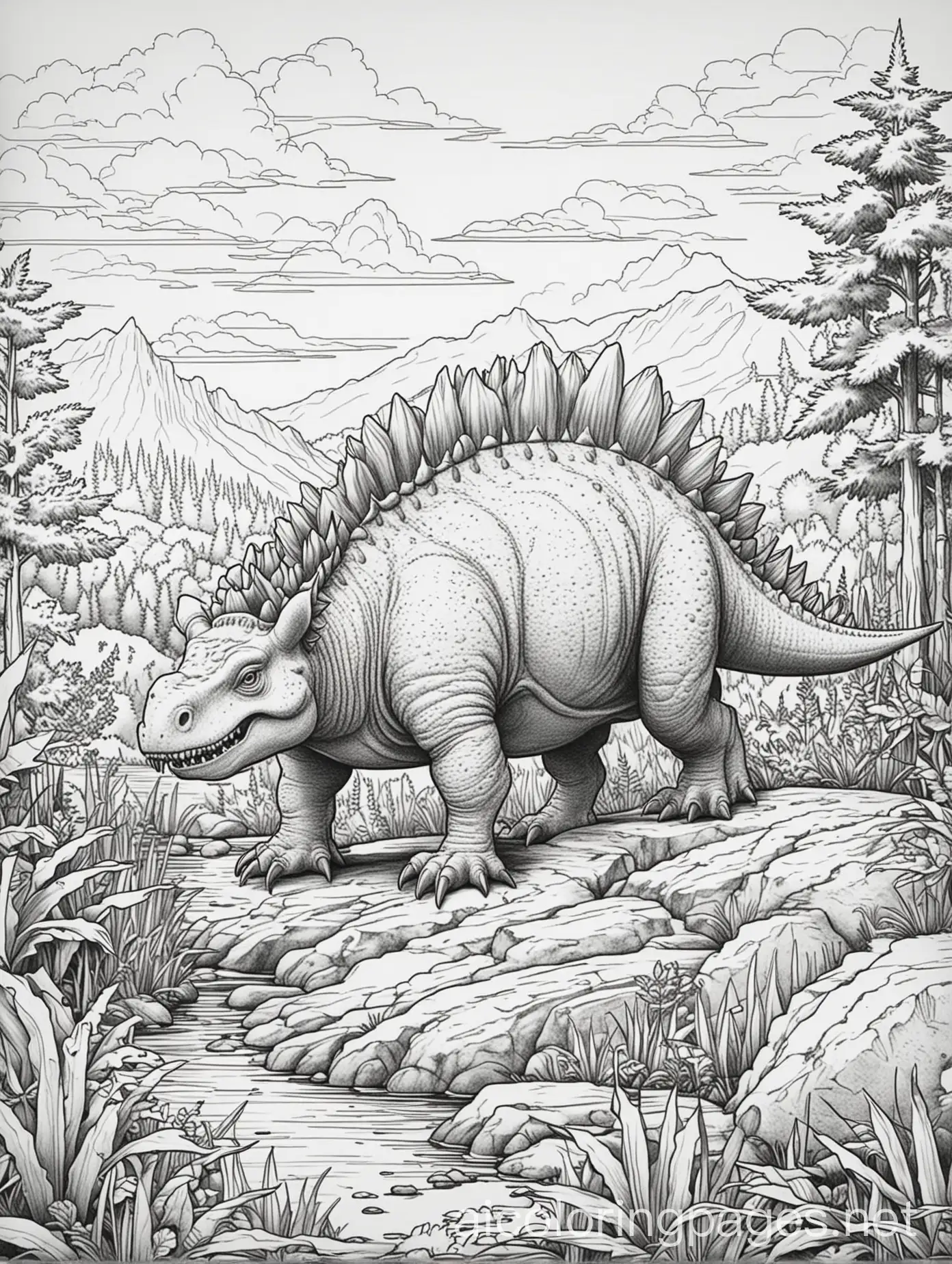 Create a coloring page of a Stegosaurus in a prehistoric environment for a children's coloring book. The scene must include the following elements:nnStegosaurus: Central in the image, Stegosaurus should be in a herding pose or moving slowly, highlighting its dorsal plates and tail spines.nEnvironment: A prehistoric landscape with abundant vegetation, including trees and shrubs. Add a clear or partly cloudy sky to the background.nDetails: Include small elements like rocks, fallen leaves and perhaps some small dinosaurs or prehistoric creatures in the background to enrich the scene., Coloring Page, black and white, line art, white background, Simplicity, Ample White Space. The background of the coloring page is plain white to make it easy for young children to color within the lines. The outlines of all the subjects are easy to distinguish, making it simple for kids to color without too much difficulty