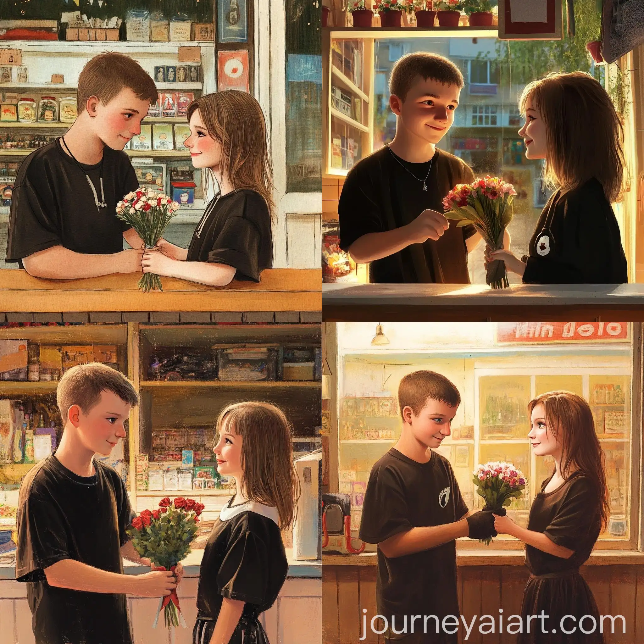 Boy-Giving-Flowers-to-Girl-at-Counter-in-FiveStore