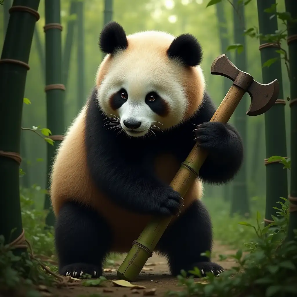 A adult panda is felling bamboo with a ax in a bamboo forest, large and clean furred panda, good lighting, realistic view