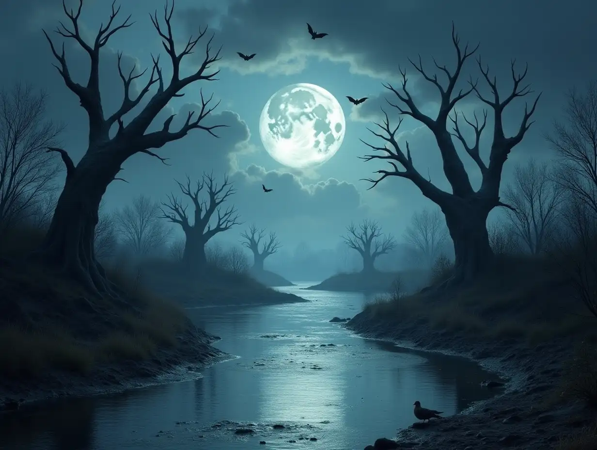 Photorealistic image Create a landscape with dead tree trunks on both sides of the river, bats flying around, and moon, cloudy