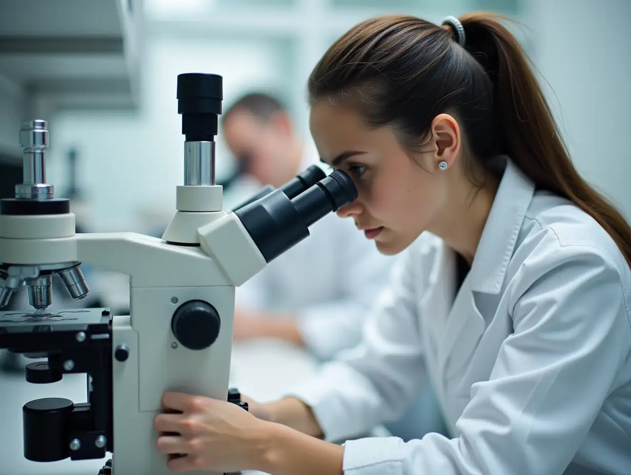 Student learning anatomy and physiology of Ovary under the microscopic in laboratory.