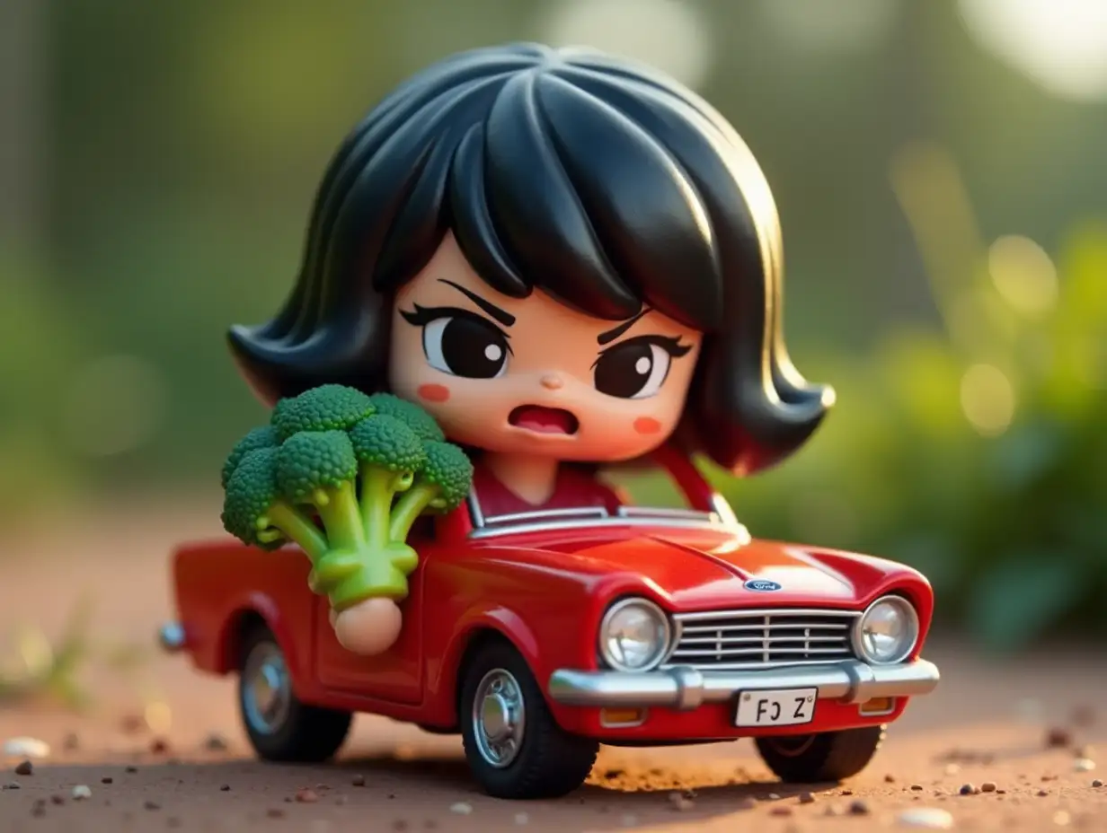 A Playmobil of an angry black-haired girl, with a red Ford Fiesta and broccoli