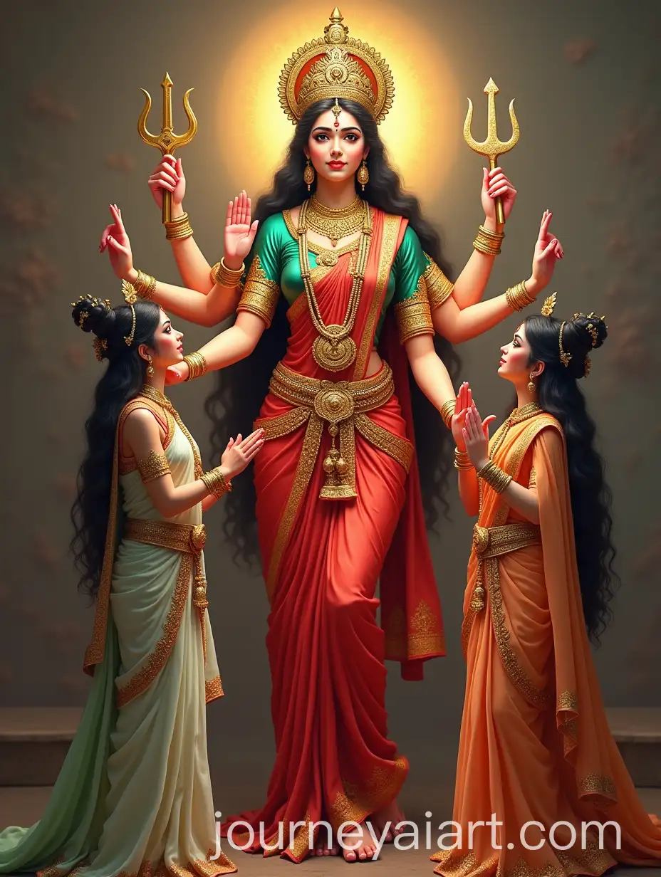 Hindu-Goddesses-Saraswati-Lakshmi-and-Parvati-Blessing-Devotee-in-Sarees