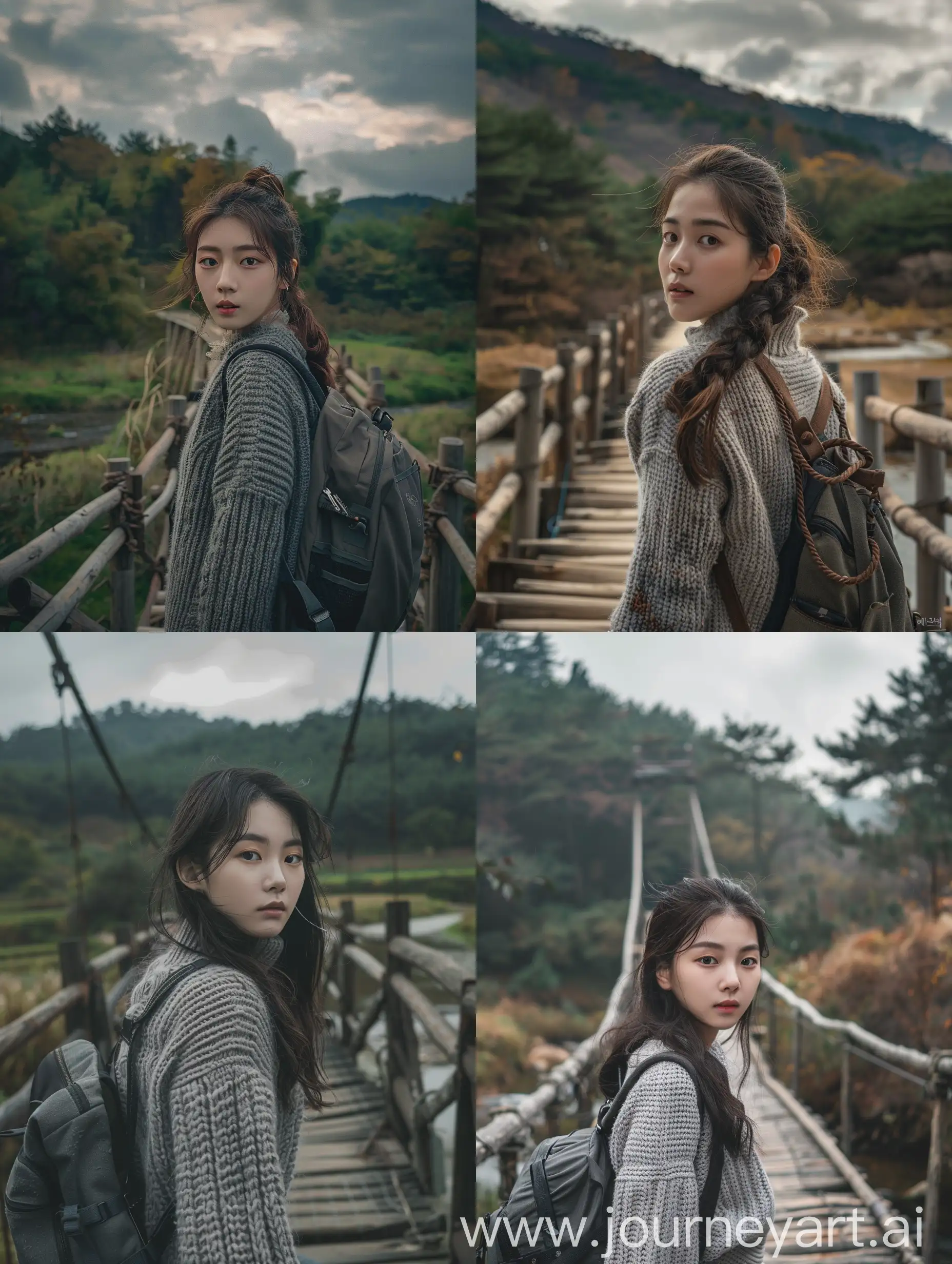 Cinematic-Portrait-Photography-of-a-Young-Korean-Woman-on-Ancient-Wooden-Bridge-in-Green-Forest