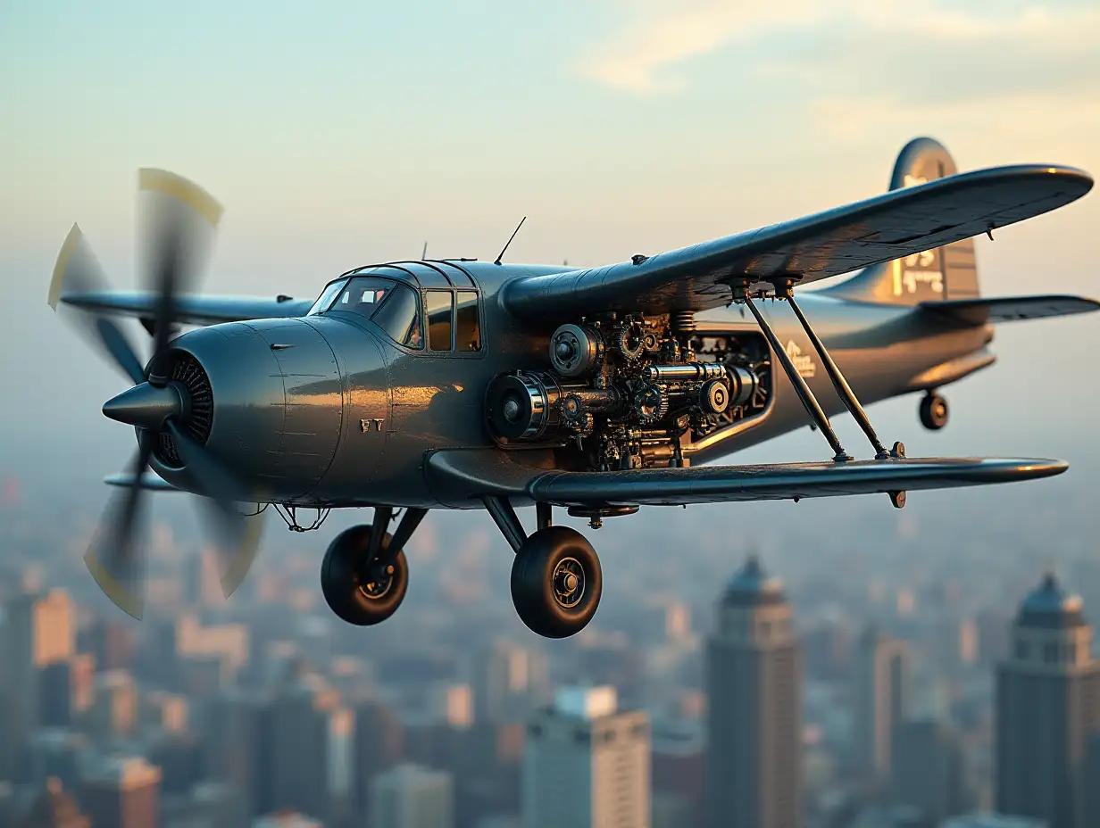 A detailed modern aircraft with steam-powered propeller gears. Flight over a city premium picture