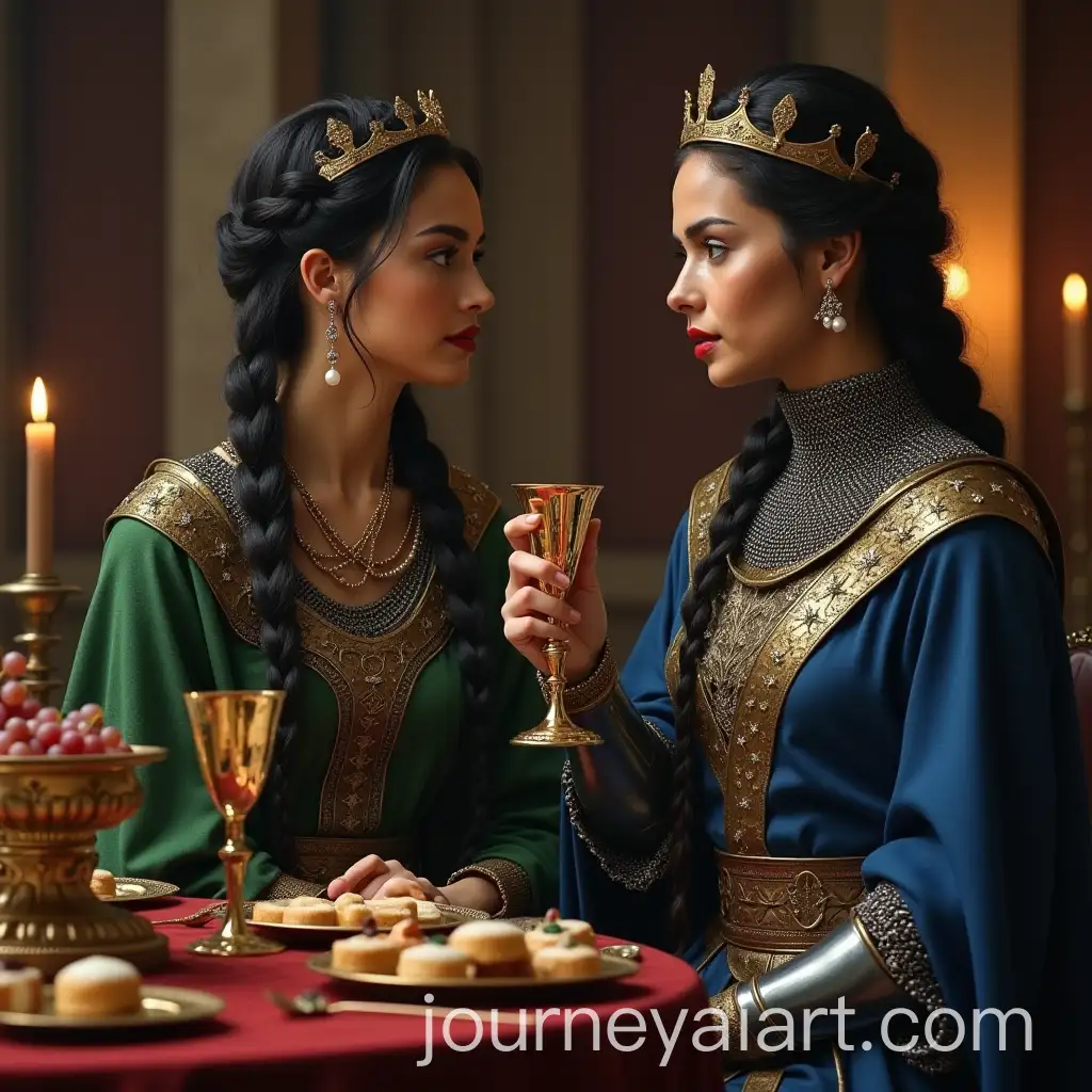 Brunette-Warrior-Commander-and-Knight-Queen-in-Medieval-Royal-Tent