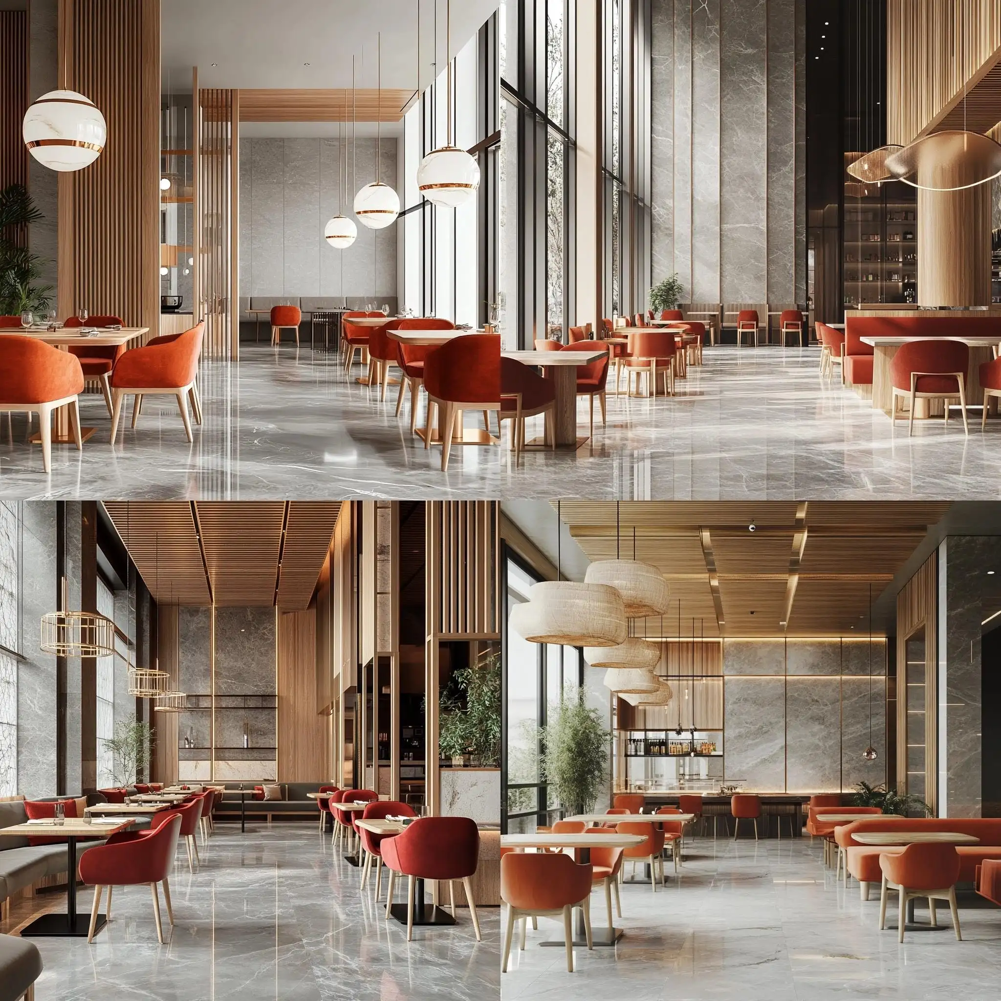 Luxury-Modern-Restaurant-Interior-with-Light-Gray-Marble-Flooring-and-BrickRed-Furniture