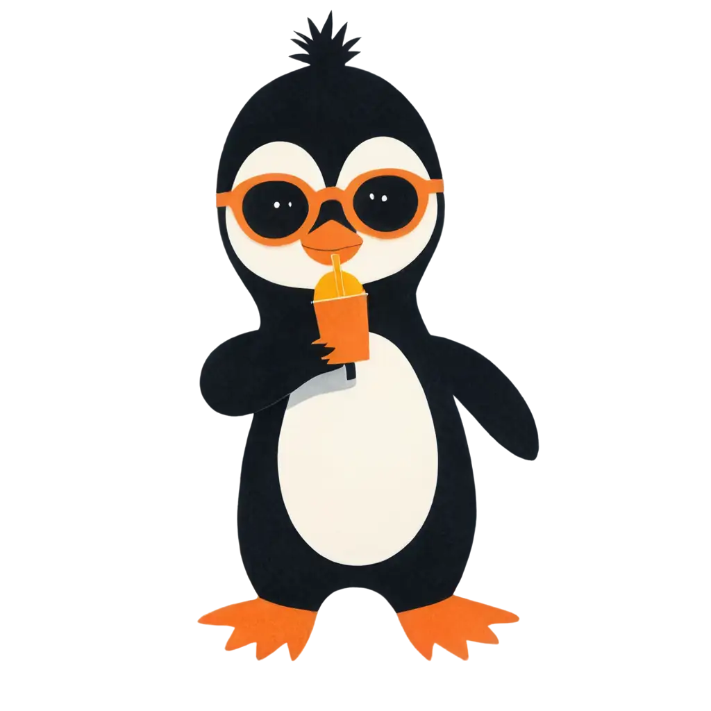 PNG-Image-of-a-Baby-Penguin-with-Sunglasses-and-Drink-on-Ocean-Surface-Icon-Minimalist-Style