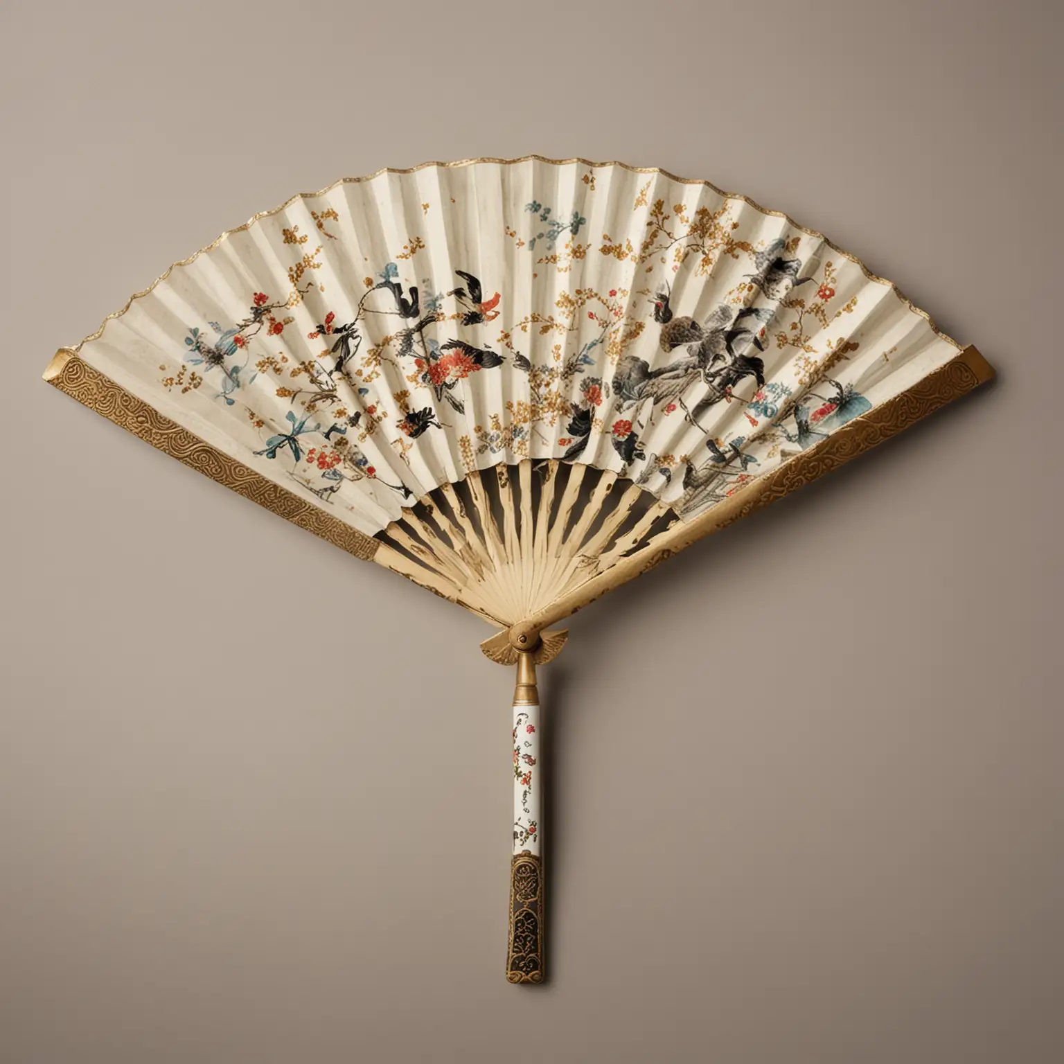 Overhead-View-of-Ancient-Chinese-Fan-with-Gilded-Handle-on-White-Background