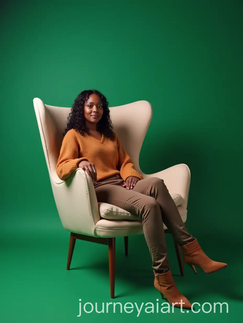 Woman-Sitting-in-Beige-Wingchair-Against-Emerald-Green-Background