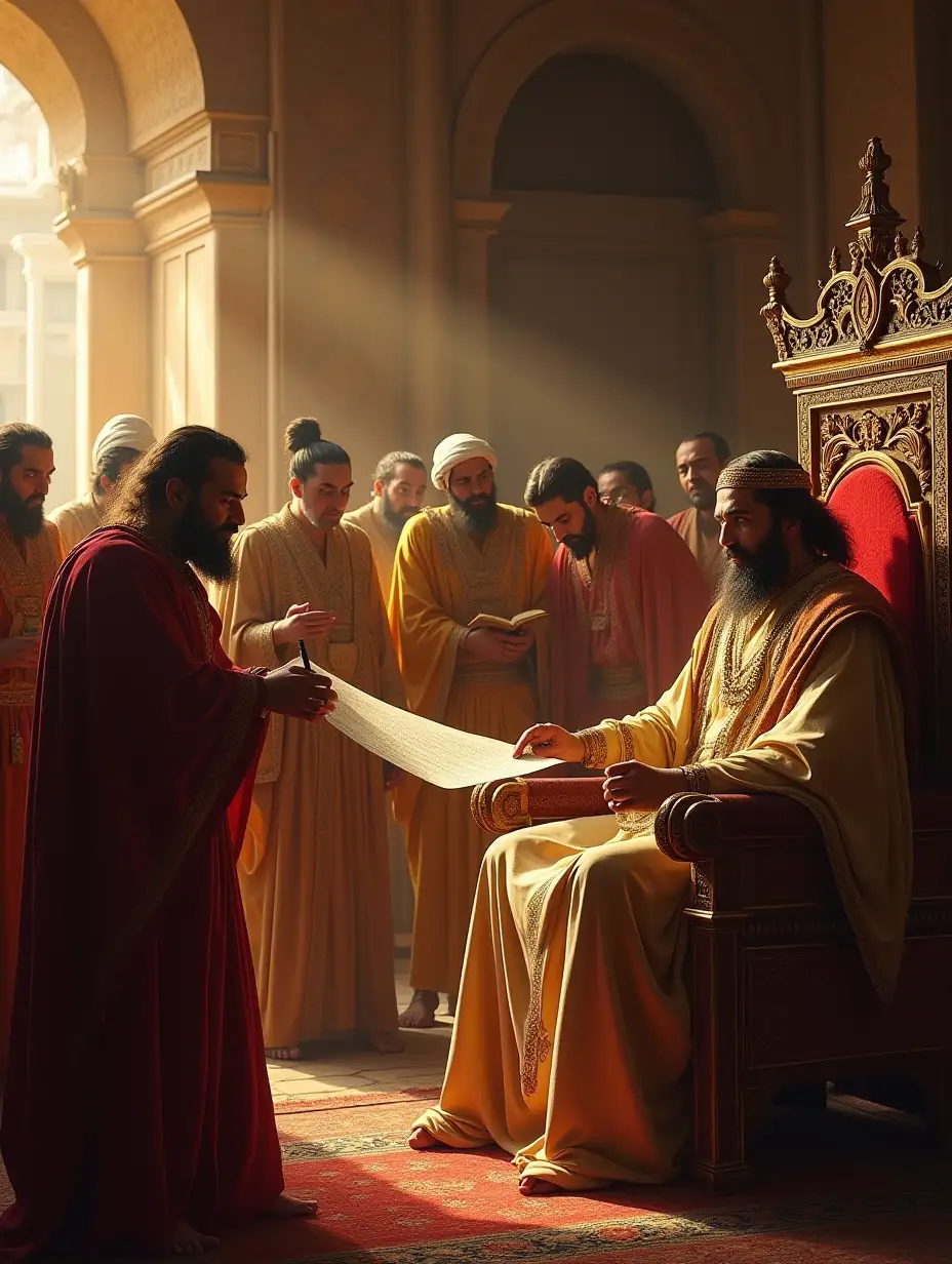 A dramatic ancient Persian palace scene: scheming officials in ornate robes whisper conspiratorially, presenting a scroll to King Darius, who sits on a jeweled throne, quill in hand. Golden light filters through arched windows, casting shadows on their cunning faces as the decree—forbidding prayers to any but the king—unfurls.