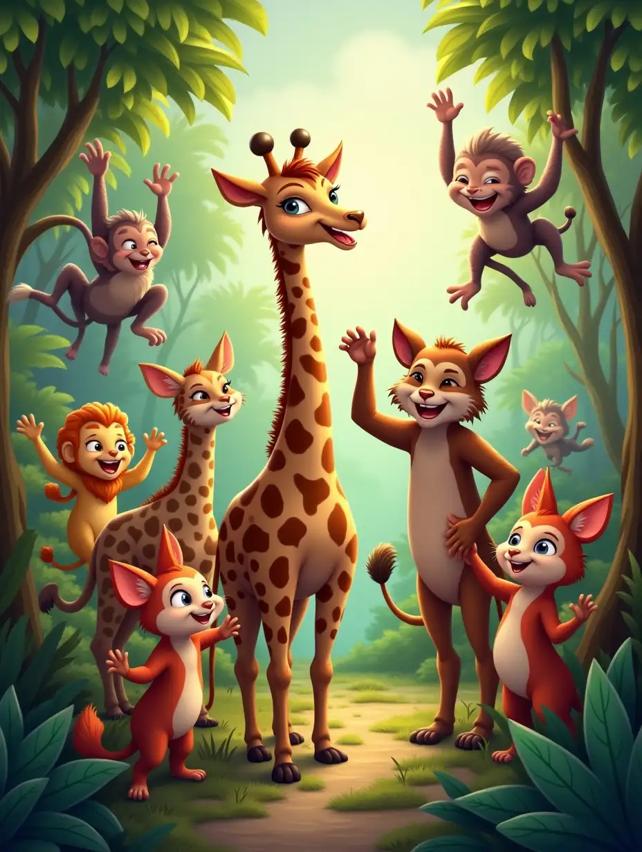 Show jungle animals including giraffes, monkeys, foxes and other jungle animals celebrating, dancing and having fun. Keep the image natural.