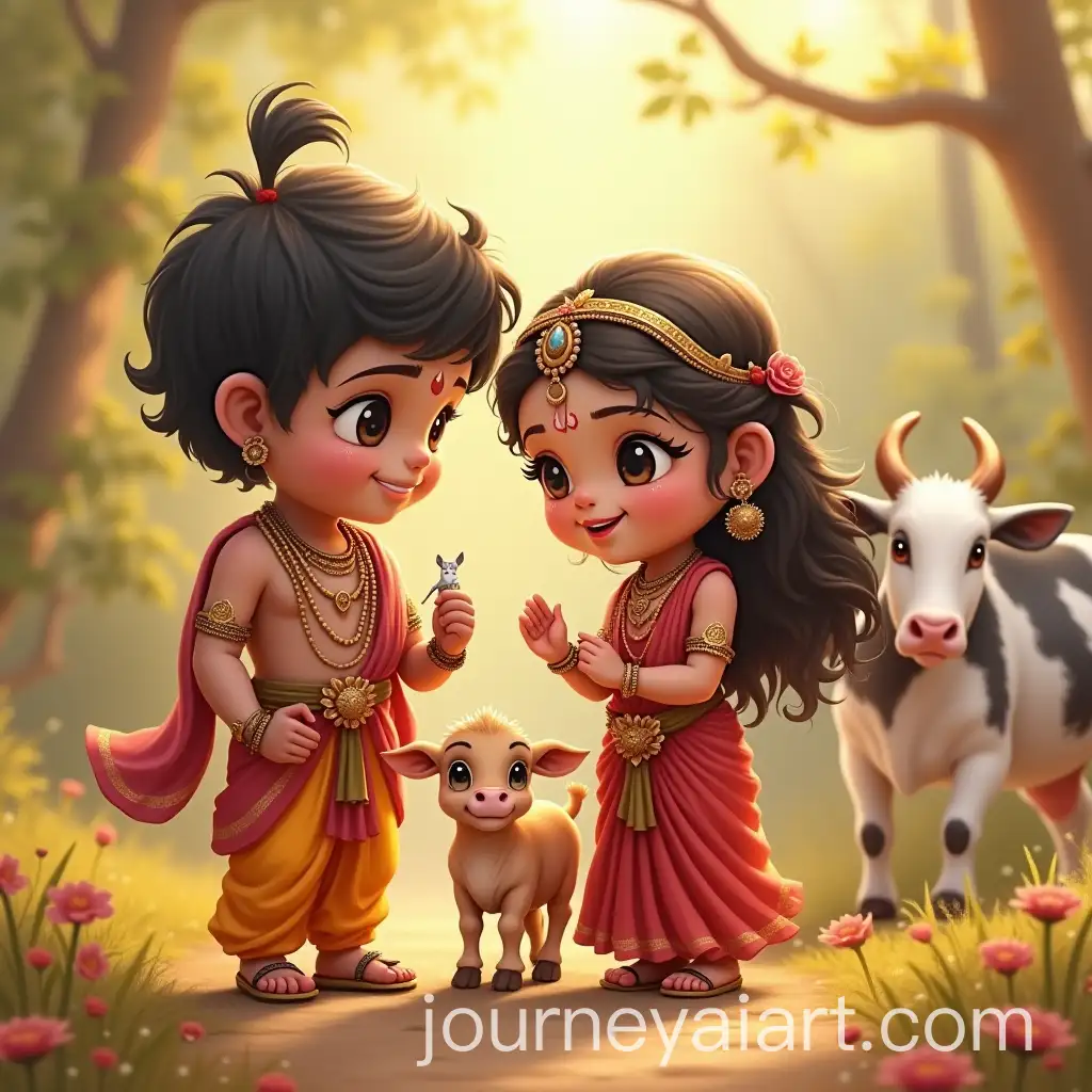 Adorable-Young-Radha-and-Krishna-with-Cow-and-Calf