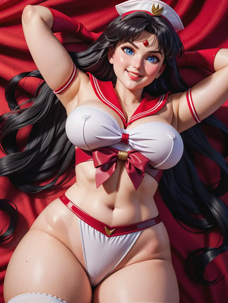 thicc plus size horny Sailor Mars with huge thighs, thighs are fat and wide, blue eyes, freckles, detailed and clear texture of the skin on the body, natural and realistic detailing of skin texture, view from below, smiling and looking at viewer, high quality